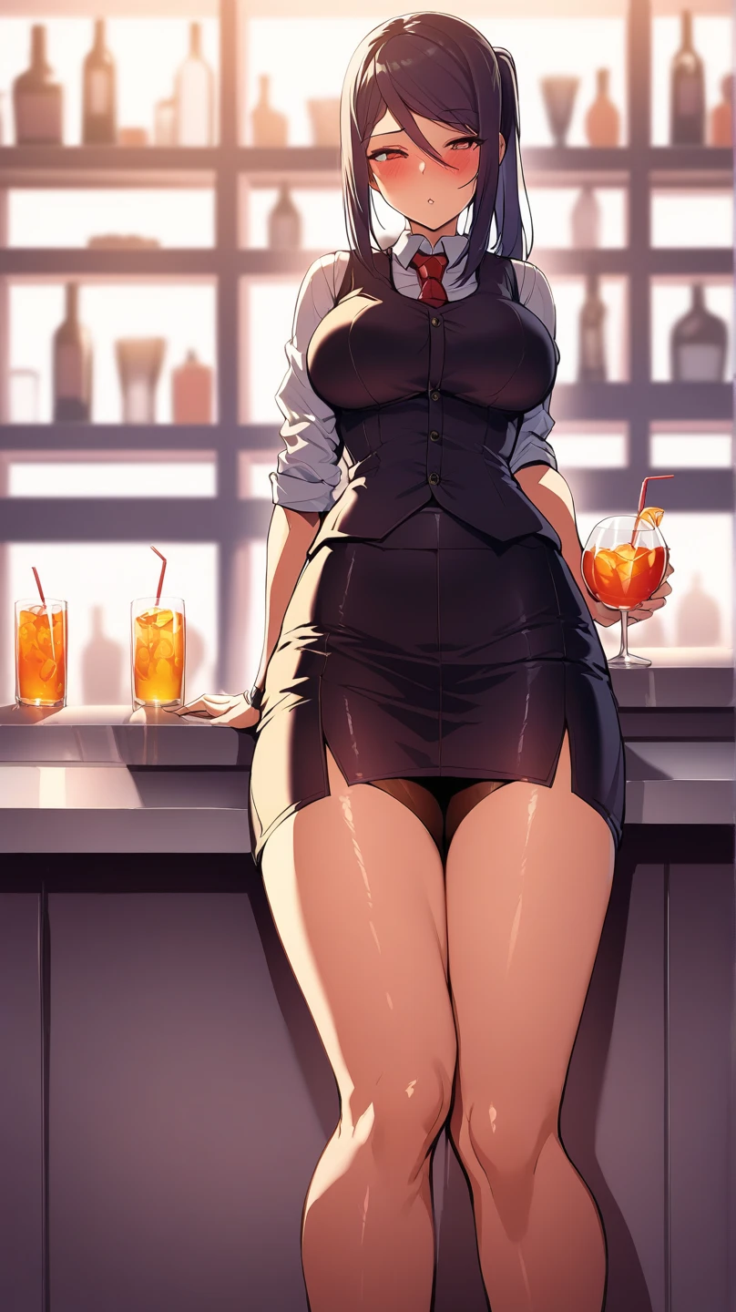 ((alone)), jill stingray, necktie, pantyhose, skirt, vest, white shirt,from front,High quality,Ultra-high resolution,High-definition illustrations,Masterpiece,extremely detailed,highres,detail mouth, big boobs, ,blushes, slim waist, slim hips, ((bar counter on the foreground )), ((bar with drinks covers her legs)) ,(SuperQuality:1.0) ~ (SuperQuality:1.2), shiny reflections from glass. , night bar  realistic  surroundings,  light and shadow by reij-snrs 