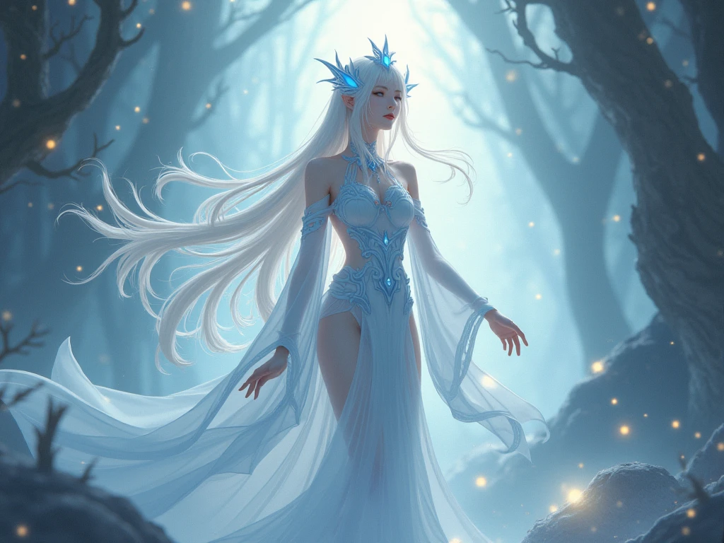 (a vibrant,cool,surreal)ice girl 3d sculpture, detailed and lifelike(the girl with long flowing silver hair and bright glowing eyes) with(details include)beautifully carved ice crystals on her gown and a (intricate)staff made of ice(carrying intricate ice engravings) emitting a soft glow. The sculpture is surrounded by a thick mist of cool smoke(creating an ethereal atmosphere), and the background depicts a snowy landscape with(icy trees and sparkling frozen flowers) adding to the magic. The entire scene is captured in a realistic detailed shot(allowing the viewer to appreciate every intricacy of the sculpture) with(24K resolution and vivid, vibrant colors). This artwork is of the best quality, deserving to be part of any masterpiece collection and a true award-winning artwork.