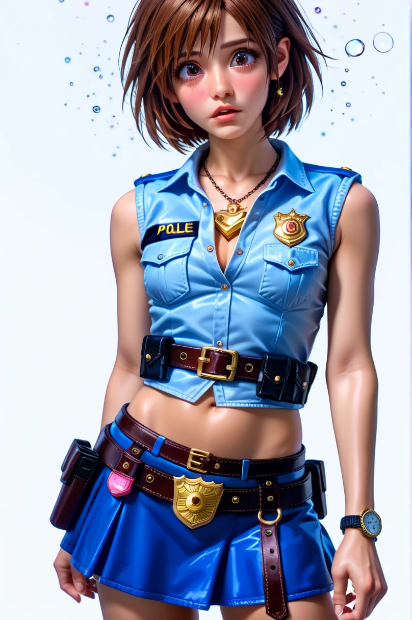  One girl ,  Kairi from Kingdom Hearts,( viewers:1.0),( slender body:1.2),(Blushed face:1.0),real skin ,small breasts,  shiny hair ,  Super Detailed Black Eyes,( Equipped Police Belt :1.5),( watch ),( shot from the front:1.2),24K,(Standing in a sexy pose:1.2),(Drunk:1.2),(Surprised:1.0),(mini length police skirt:1.2),(rolled up sleeveless police shirt ),Captivating thighs,( unmanned white background in the center of the screen:1.8),(Naturally :1.0),(( real:1.0)),(( realistic :1.0)),((Piece on chest :1.5)),(( cowboy shot:1.7))