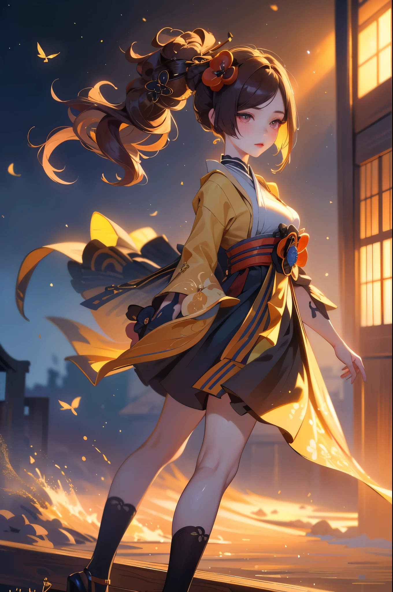 [chiori gi]:1.5,((masterpiece,highest quality,Highly detailed images,Beautiful images))1.4(chiori images、large breasts, japanese old houses、The wind is blowing、Overall dim lighting、Backlight、A fantastic atmosphere、Thick Fog、Dust flutters)1.3,(full body image)1.1、