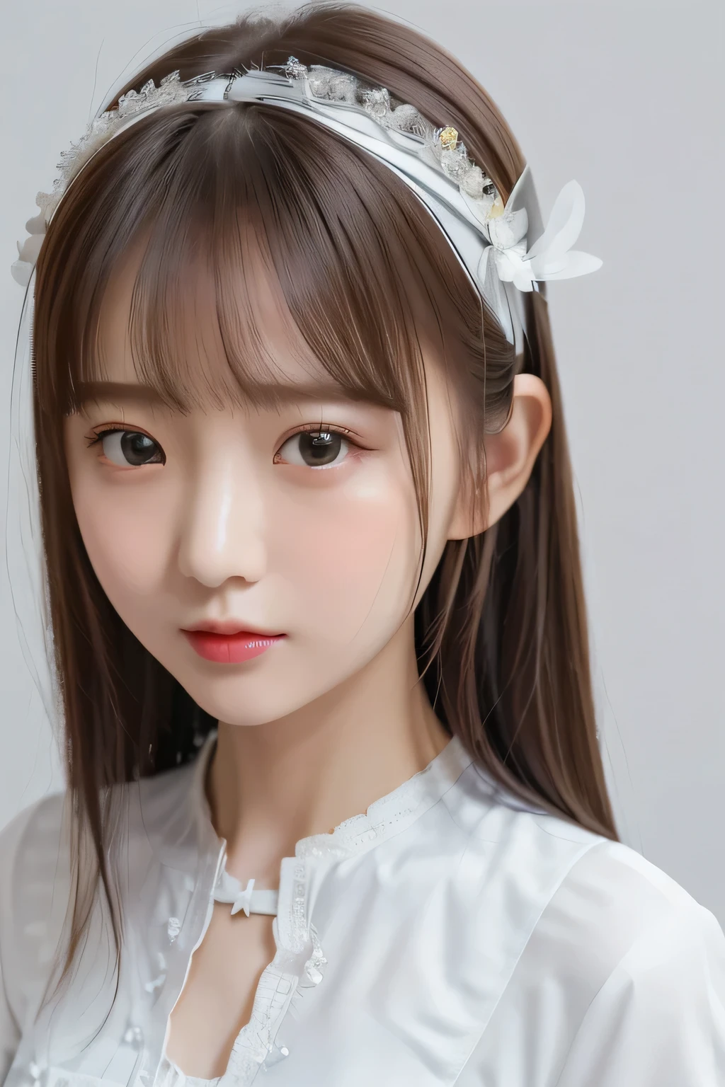 (masterpiece、 top quality 、 Super detailed description、 super high res)、 girl、solo、 slim、 slender 、cute、 idol face、 face shot close-up、、Pure white background、(halo:1.3)、 low contrast 、Pure white clothes、 white headband 