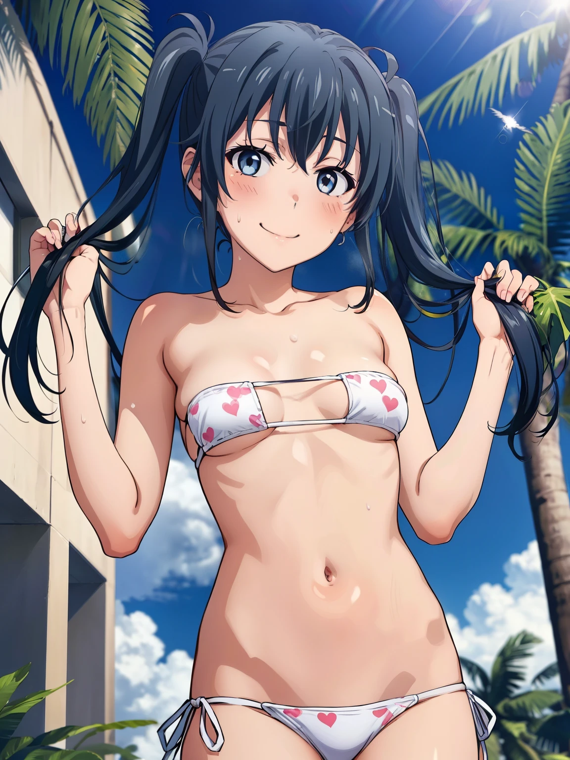 (( top quality ,  high res,   Perfect Pixel,  4K)),  (Beautiful anime),  depth of field 、
 Watching Viewers , 
 perfect body, 

 yukinoshita yukino ,  small tits、
 twin tails、Grabbing hair、


white bikini,  pink heart print 、 Side Tie Bikini Bottom、
Groin、

(blush、sweat)、smile、

 viewers, 

 Beach 、 palm trees、wind、
summer、sunlight、