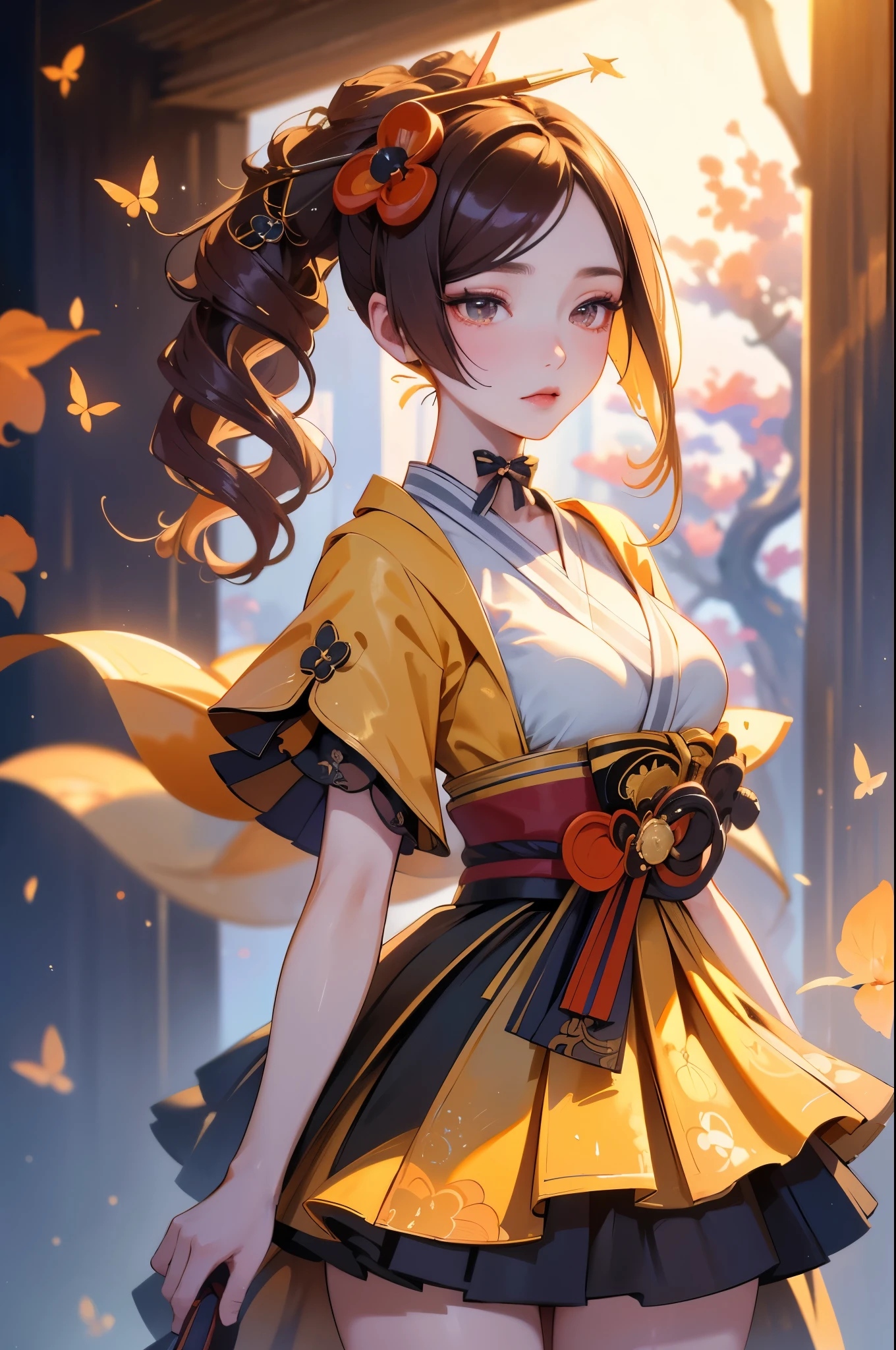 [chiori gi]:1.5,((masterpiece,highest quality,Highly detailed images,Beautiful images))1.4(chiori images、large breasts, japanese old houses、The wind is blowing、Overall dim lighting、Backlight、A fantastic atmosphere、Thick Fog、Dust flutters)1.3,(full body image)1.1、