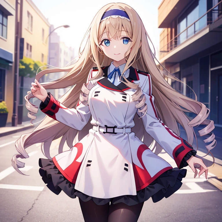 (( top quality )), ((masterpiece)), (  Details), ( super high res)、aacecilia、
 long hair、Curly Hair、 drill hair、 blue headband、uniform、 white jacket、 white dress、 Long Sleeve 、belt、 black pantyhose、 
 perfect face、 perfect body、Perfect Hair、超 Detailsな瞳、超 Detailsな肌、 
whole body、 standing、( cowboy shots 1 and 3)、
 smile with closed mouth、
Stylish city、 professional lighting、