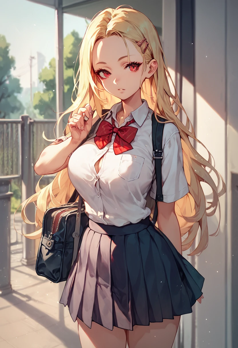 score_9, score_8_ up, score_7_ up, score_6_ up,  forehead visible,  with hidden ears , Blonde,  long hair,  red eyes,  Very Big Breasts ,  school uniform,  Female High School Student , bag