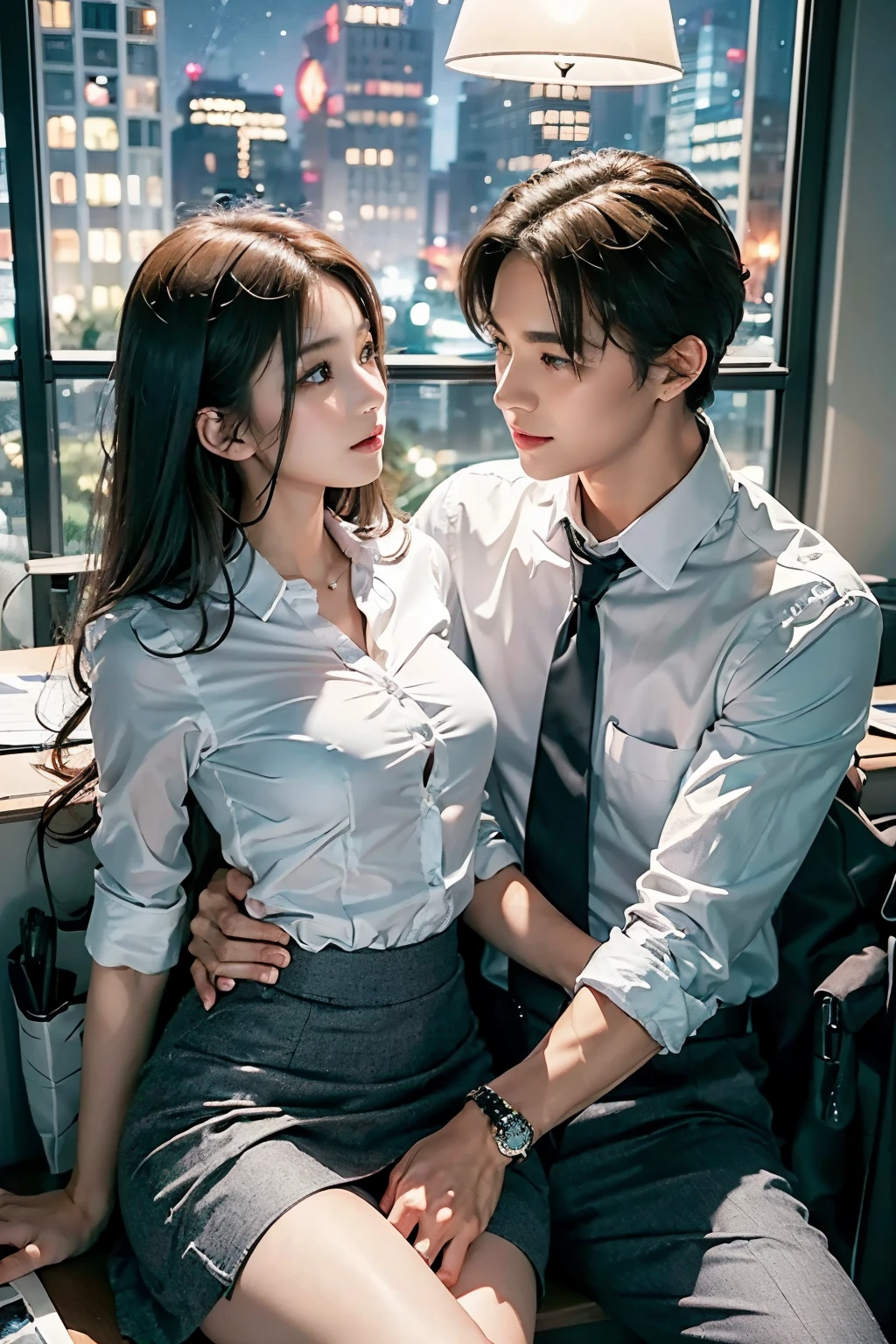 A beautiful woman with a perfect figure :1.2、 Man in a Suit、( night office :1.ung office lady、(older man)、 small breasts、 Gray Short Skirt 、Woman in white shirt、Men and women gazing at each other、( top quality 、masterpiece:1.3)、