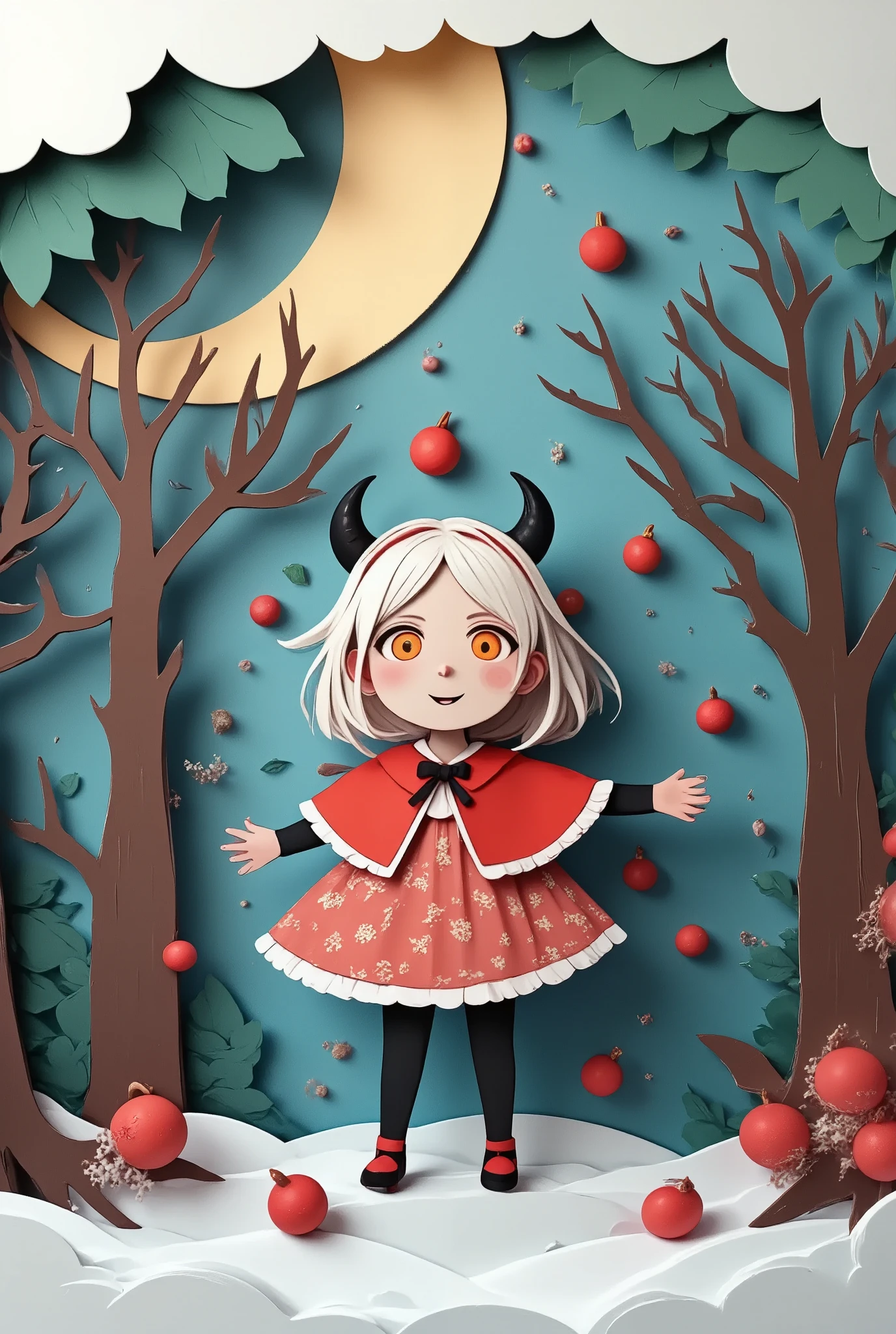 1girl\(devil,cute,big eyes,white skin,pale skin,evil smile,long nail,orange eyes,looking down,wearing capelet\(big,long,Tattered\), backlit,full body\),refreshing mood,petals\(colorful,beautiful,in the air\),many dead trees, in the forest,close-up shot of girl, beautiful moon, (PaperCutArt:1.7)