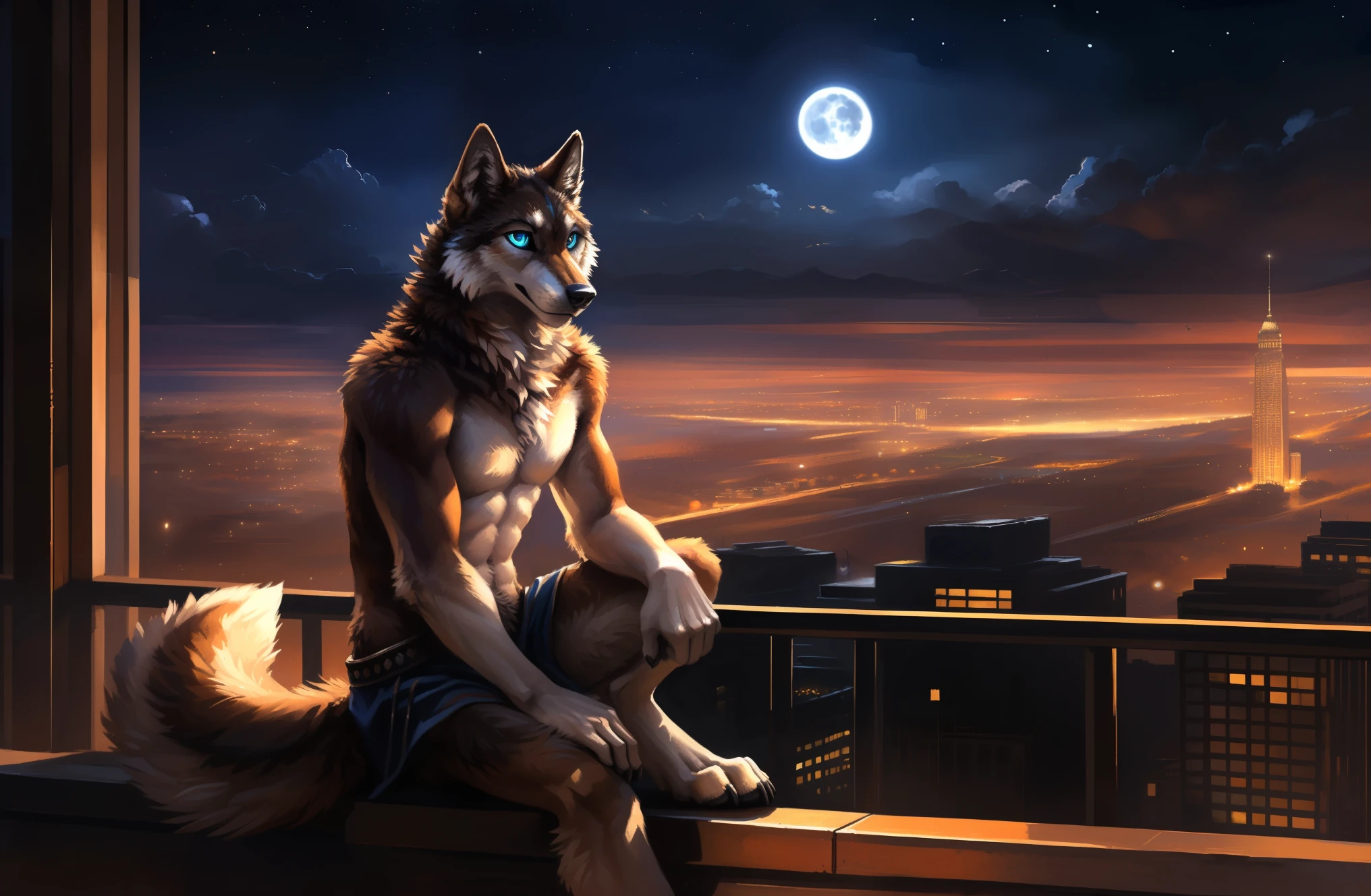 ((Solo)), male people, anthro wolf, (Multi-colored fur, White-brown:1.3), ((Wolf face, Big eyes, White eyelids, Blue pupil, Slim:1.2) (Tough, Calm expression:1.2)), (Height 2.1 meters,Tail length 1.5m), Abs, Slim, pinging, (Correct anatomy), (Contour bone:1.2), The upper body is naked, (detailed outfits), a long large tail,Feet,(Realistic fur, Detailed fur texture, labeled:1.3)), (Natural lighting), Photorealistic, Hyperrealistic, ultradetailed, by Kenket,In the modern city,Roof,the night,Sit alone,Look at the full moon,It was dark,Starry