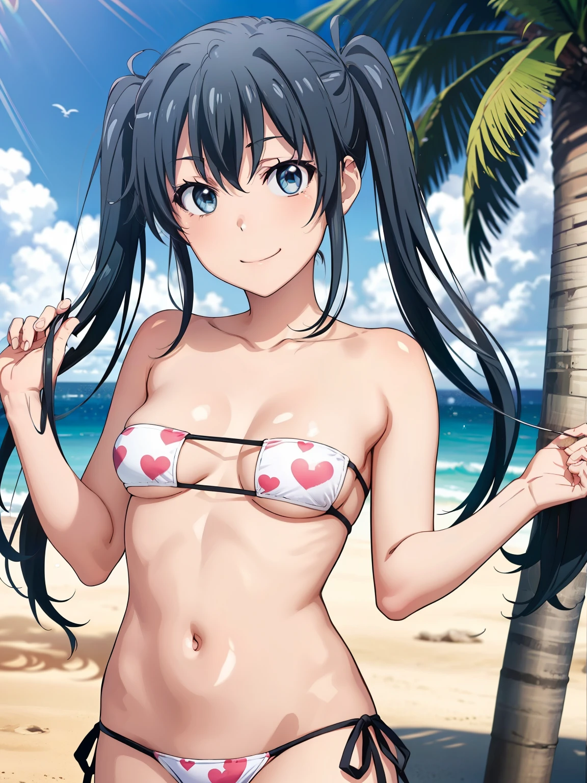 (( top quality ,  high res,   Perfect Pixel,  4K)),  (Beautiful anime),  depth of field 、
 Watching Viewers , 
 perfect body, 

 yukinoshita yukino ,  small tits、
 twin tails、Grabbing hair、


white bikini,  pink heart print 、 Side Tie Bikini Bottom、
Groin、

smile、

 viewers, 

 Beach 、 palm trees、wind、
summer、sunlight、