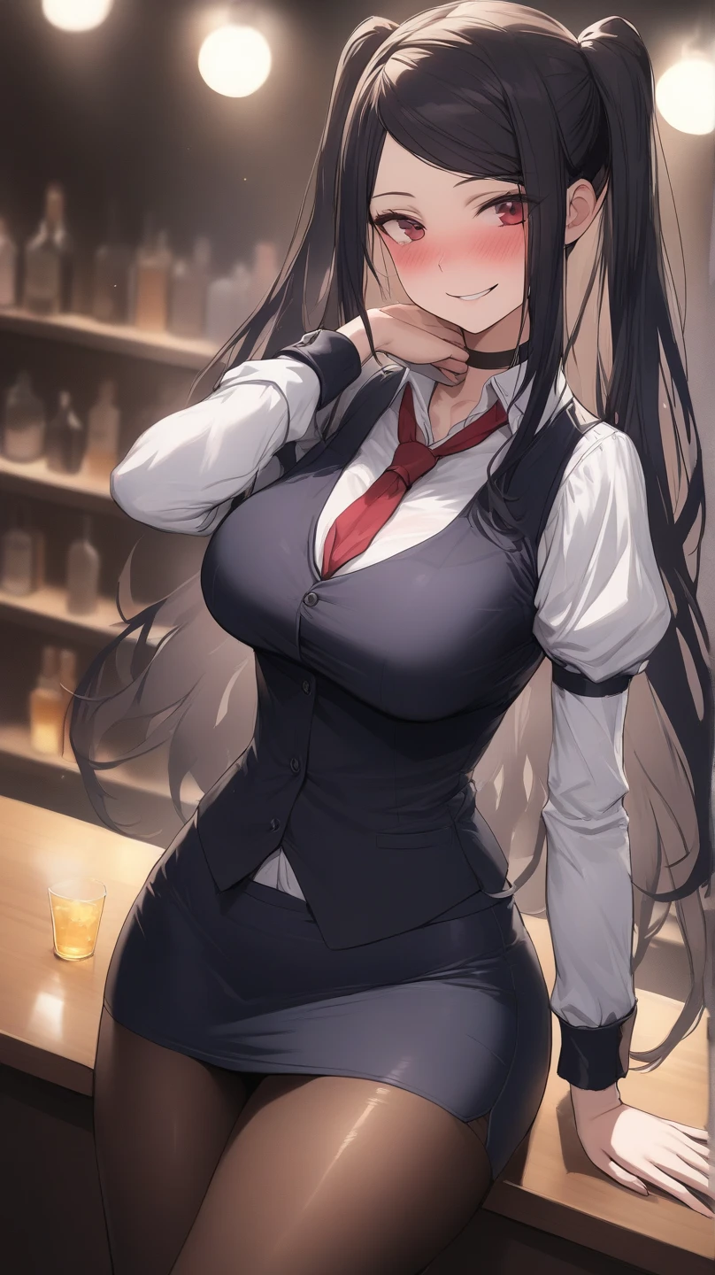 ((alone)), jill stingray, smirk, sensual woman, necktie, pantyhose, skirt, vest, white shirt,from front,High quality,Ultra-high resolution,High-definition illustrations,Masterpiece,extremely detailed,highres,detail mouth, big boobs, ,blushes, slim waist, slim hips, ((bar counter on the foreground )) ,(SuperQuality:1.0) ~ (SuperQuality:1.2), shiny reflections from glass. , night bar  realistic  surroundings