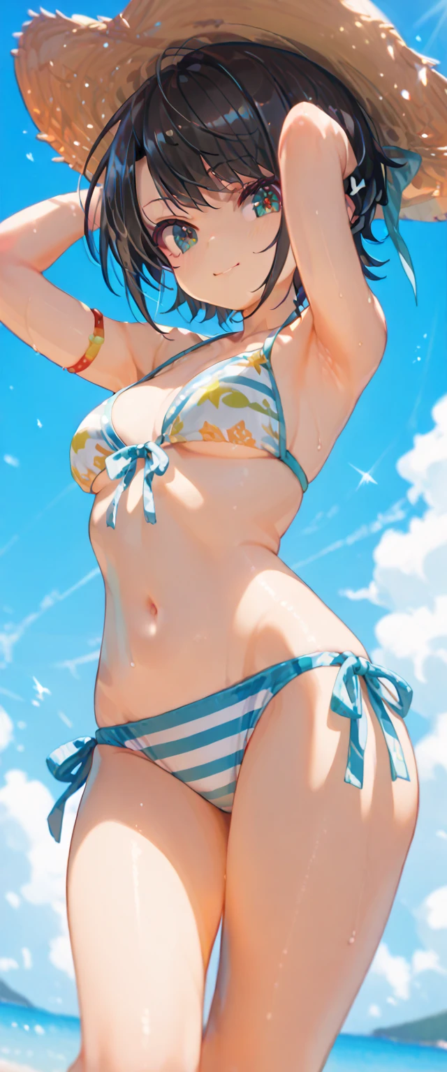 BREAK solo, (1girl), (Perfect hands:1.2), (Perfect Anatomy:1.2), (best quality:1.3), (masterpiece:1.3), (ultra detailed:0.8), high resolution, HDR, CG unity 8k, nice hands, POV, top quality, BREAK {asakura_tooru_theidolmstershinycolors:1.15}, BREAK (smile:1.1), happy, Face to feel, BREAK ocean, cloud, blue sky, day, outdoor, sky, beach, BREAK Sun light, BREAK animation, illustration, (wet:0.9), BREAK detailed face, beautiful face, beautiful girl, cute, charming, beautiful detailed face, BREAK blue eyes, detailed eyes, sparkling pupils, Captivating Eye Reflections, Sparkling Highlights in the Eyes, Depth and Dimension in the Pupils, Subtle Color Variations in the Iris, Meticulous Eyelash Details, Depth and Dimension in the Pupils, BREAK (Parted Bangs: 1.4), pixie cut, shiny hair, floating hair, (short hair:1.3), (blue hairs, gradation hair, multi color hair, Purple hair), Ahoge, BREAK cleavage, medium breasts, Beautiful breasts, BREAK small head, seven heads, sexy body, Bewitching, slender body type, Miwaki. beauty legs. Glamorous, (musculature:1.4), (Thin thighs:1.6), (Thin leg:1.6), perfectly proportions, pink lips, beautiful hair, beautiful face, beautiful fine eyes, beautiful collarbone, beautiful body, (beautiful fingers:1.3),17 years old, perfect face, cute and symmetrical face, baby face, detailed skin, shiny skin, nail polish, BREAK jewelry, necklaces, piercing, bracelets, (Floral pattern White bikini: 1.3), BREAK arched back, looking (back at viewer:1.3), (Tippy Toe:1.5), head tilt, BREAK (cowboy shot:1.6), (back view:1.3), from below, extreme close-up view, dutch angle, looking at viewer, BREAK ocean, cloud, blue sky, day, outdoor, sky, beach, barefoot、(Arms raised up for a stretch:1.3),