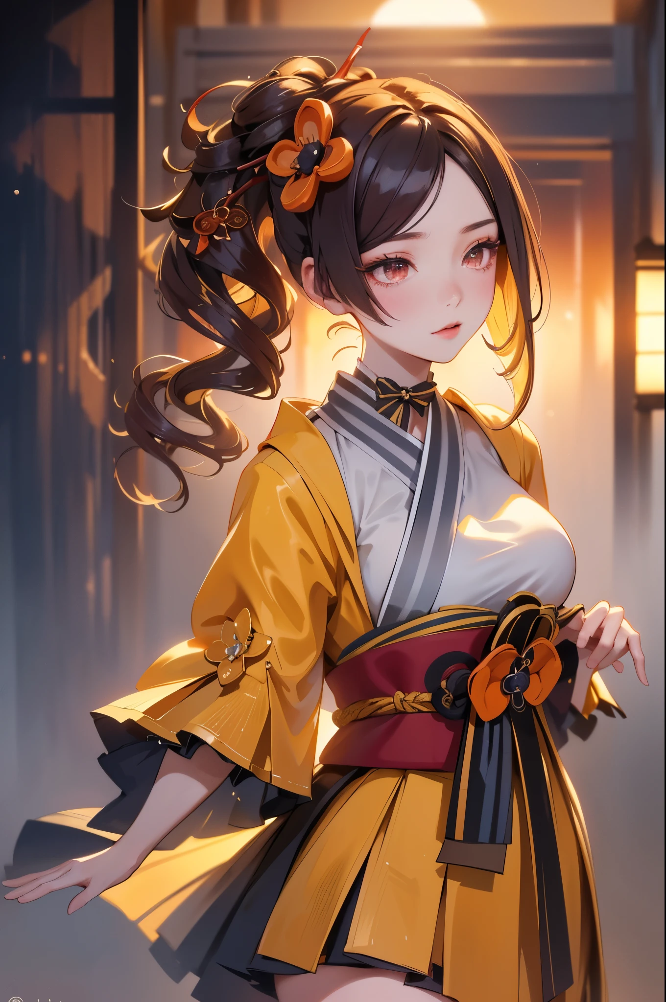 [chiori gi]:1.5,((masterpiece,highest quality,Highly detailed images,Beautiful images))1.4(chiori images、large breasts, japanese old houses、The wind is blowing、Overall dim lighting、Backlight、A fantastic atmosphere、Thick Fog、Dust flutters)1.3,(full body image)1.1、