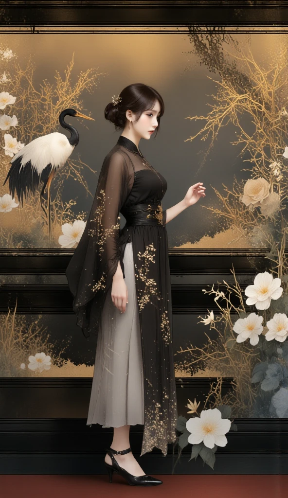 A poised slender East-Asian woman standing elegantly in a flowing black and grey dress adorned with delicate patterns inspired by traditional Japanese motifs, such as sakura blossoms and swirling wave designs. The semi-sheer outer layer softly drapes over the dress, creating an ethereal effect. Her right hand is slightly raised, while her left hand rests gently at her side, adding a graceful movement to her pose. She wears black strappy high heels, further emphasizing her refined elegance. The scene is illuminated by cinematic lighting, casting dramatic highlights and shadows that enhance the depth and atmosphere. The background is adorned with a mural featuring traditional Japanese art, including golden accents, cranes, and serene natural elements, harmonizing with the timeless and sophisticated aesthetic of the outfit.head