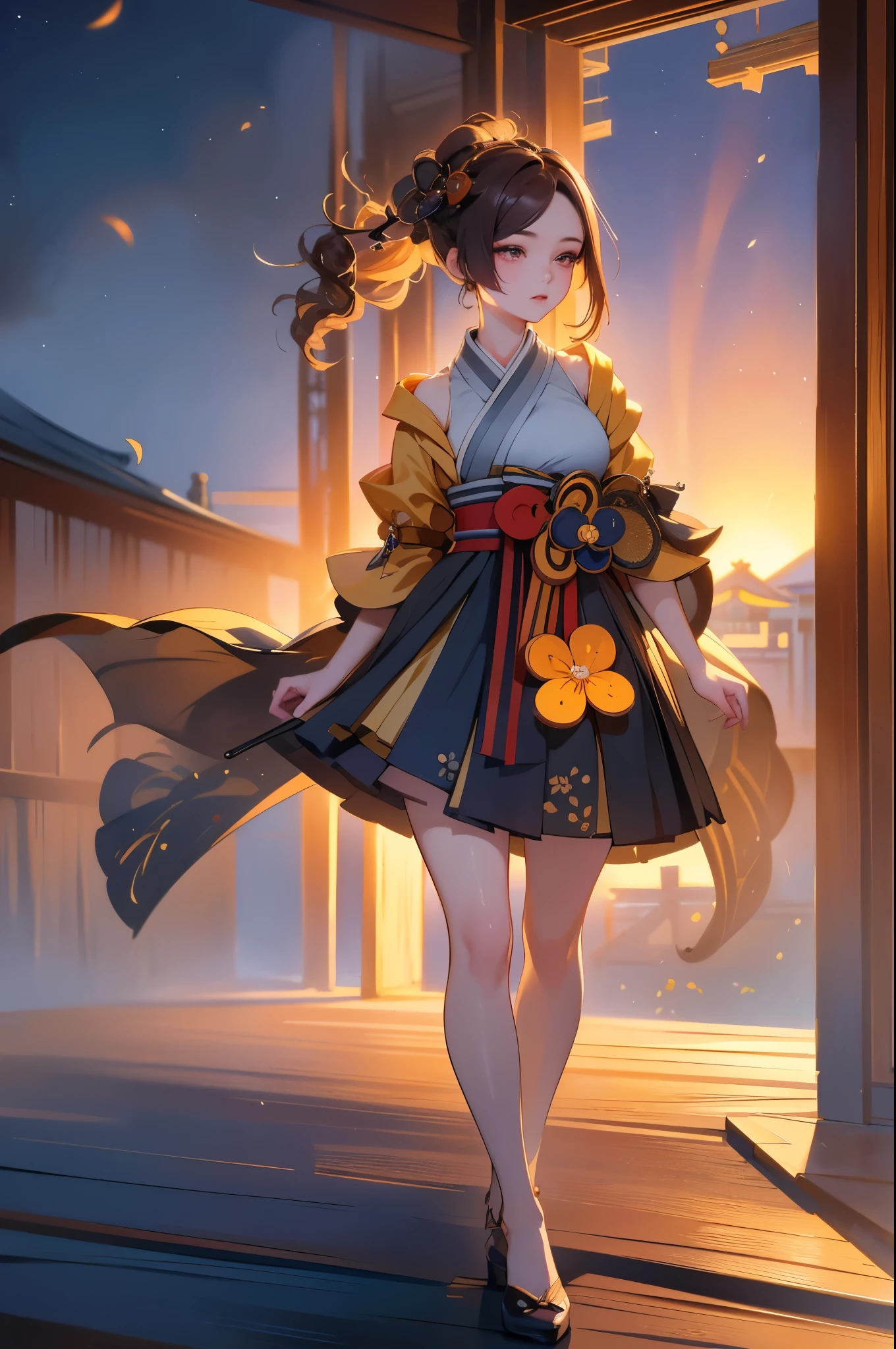 [chiori gi]:1.5,((masterpiece,highest quality,Highly detailed images,Beautiful images))1.4(chiori images、large breasts, japanese old houses、The wind is blowing、Overall dim lighting、Backlight、A fantastic atmosphere、Thick Fog、Dust flutters)1.3,(full body image)1.1、