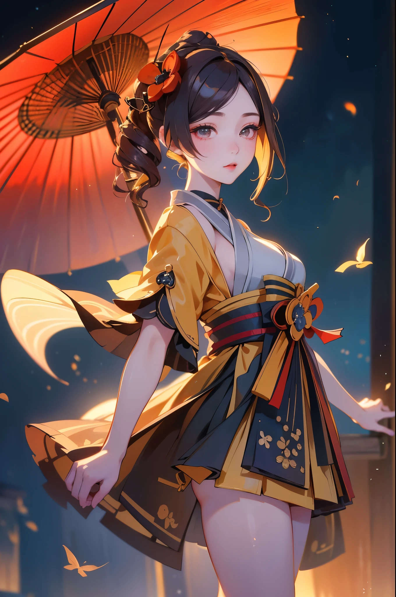 [chiori gi]:1.5,((masterpiece,highest quality,Highly detailed images,Beautiful images))1.4(chiori images、large breasts, japanese old houses、The wind is blowing、Overall dim lighting、Backlight、A fantastic atmosphere、Thick Fog、Dust flutters)1.3,(full body image)1.1、