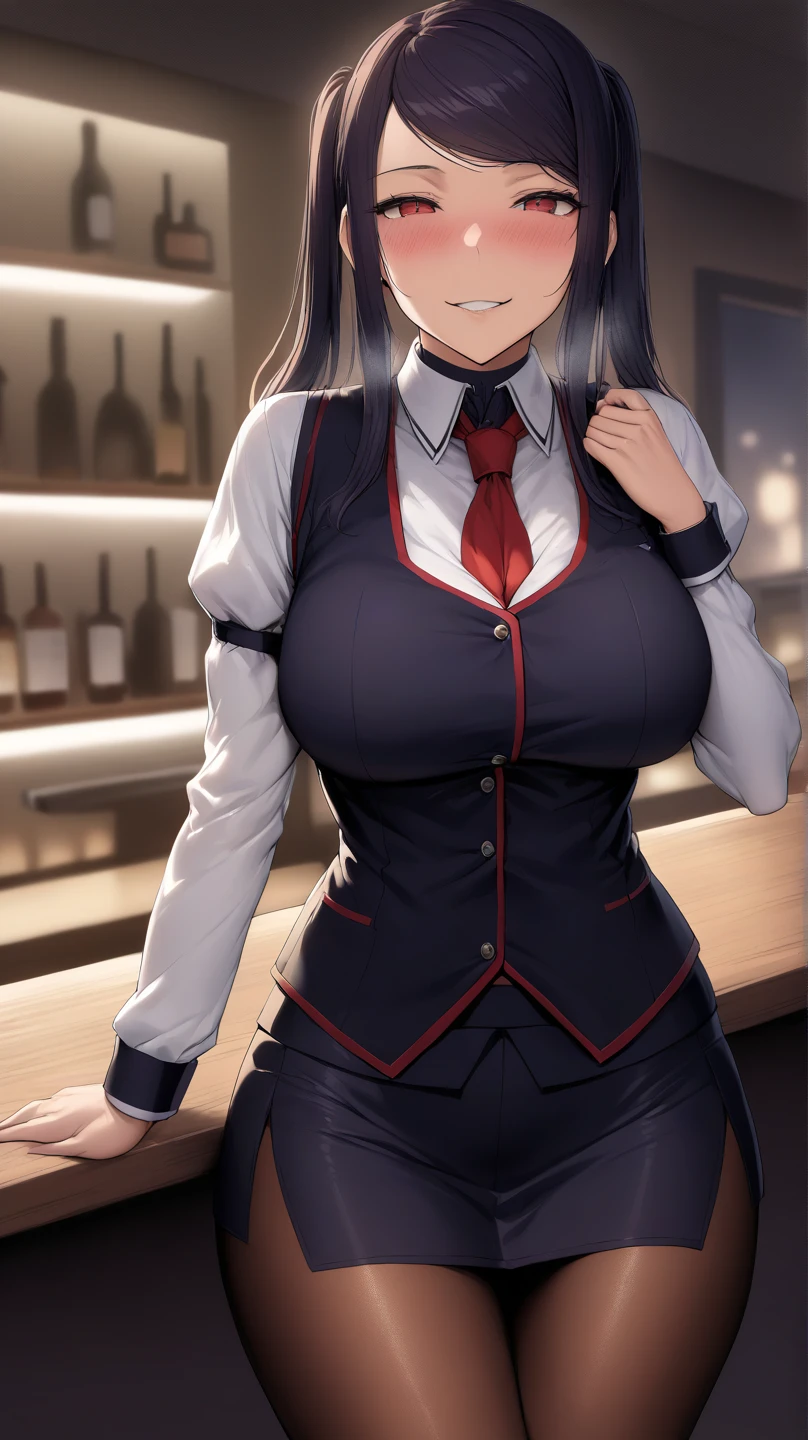 ((alone)), jill stingray, smirk, sensual woman, necktie, pantyhose, skirt, vest, white shirt,from front,High quality,Ultra-high resolution,High-definition illustrations,Masterpiece,extremely detailed,highres,detail mouth, big boobs, ,blushes, slim waist, slim hips, ((bar counter on the foreground )) ,(SuperQuality:1.0) ~ (SuperQuality:1.2), shiny reflections from glass. , night bar  realistic  surroundings