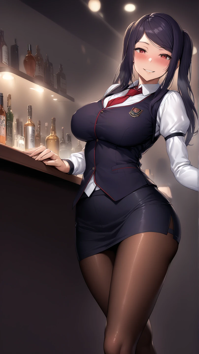 ((alone)), jill stingray, smirk, sensual woman, necktie, pantyhose, skirt, vest, white shirt,from front,High quality,Ultra-high resolution,High-definition illustrations,Masterpiece,extremely detailed,highres,detail mouth, big boobs, ,blushes, slim waist, slim hips, ((bar counter on the foreground )) ,(SuperQuality:1.0) ~ (SuperQuality:1.2), shiny reflections from glass. , night bar  realistic  surroundings