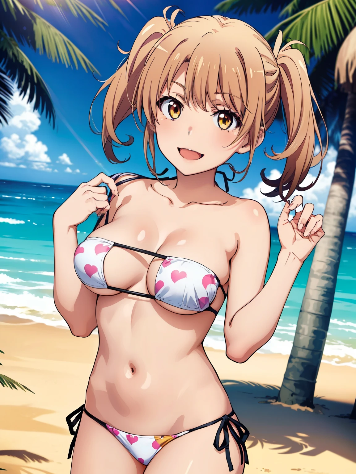 (( top quality ,  high res,   Perfect Pixel,  4K)),  (Beautiful anime),  depth of field 、
 Watching Viewers , 
 perfect body, 

 Isshiki Iroha,  cleavage、
 twin tails、Grabbing hair、


white bikini,  pink heart print 、 Side Tie Bikini Bottom、
Groin、

smile、

 viewers, 

 Beach 、 palm trees、wind、
summer、sunlight、