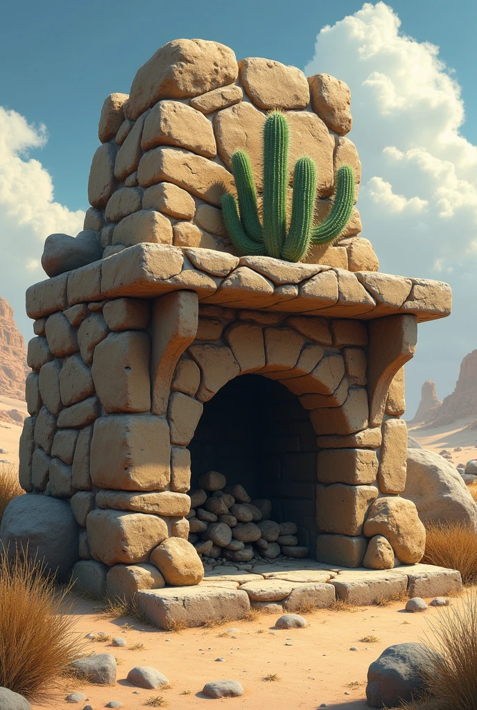  An extinct stone fireplace, with a cactus sitting on it  