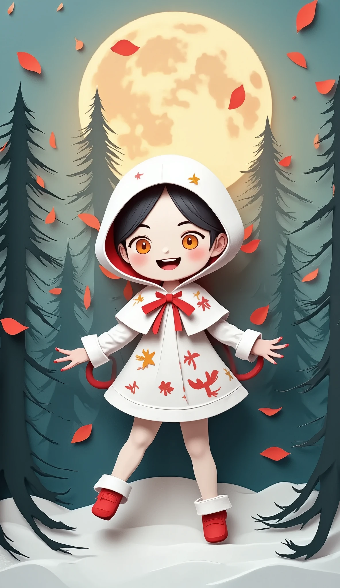 1girl\(devil,cute,big eyes,white skin,pale skin,evil smile,long nail,orange eyes,looking down,wearing capelet\(big,long,Tattered\), backlit,full body\),refreshing mood,petals\(colorful,beautiful,in the air\),many dead trees, in the forest,close-up shot of girl, beautiful moon, (PaperCutArt:1.7)