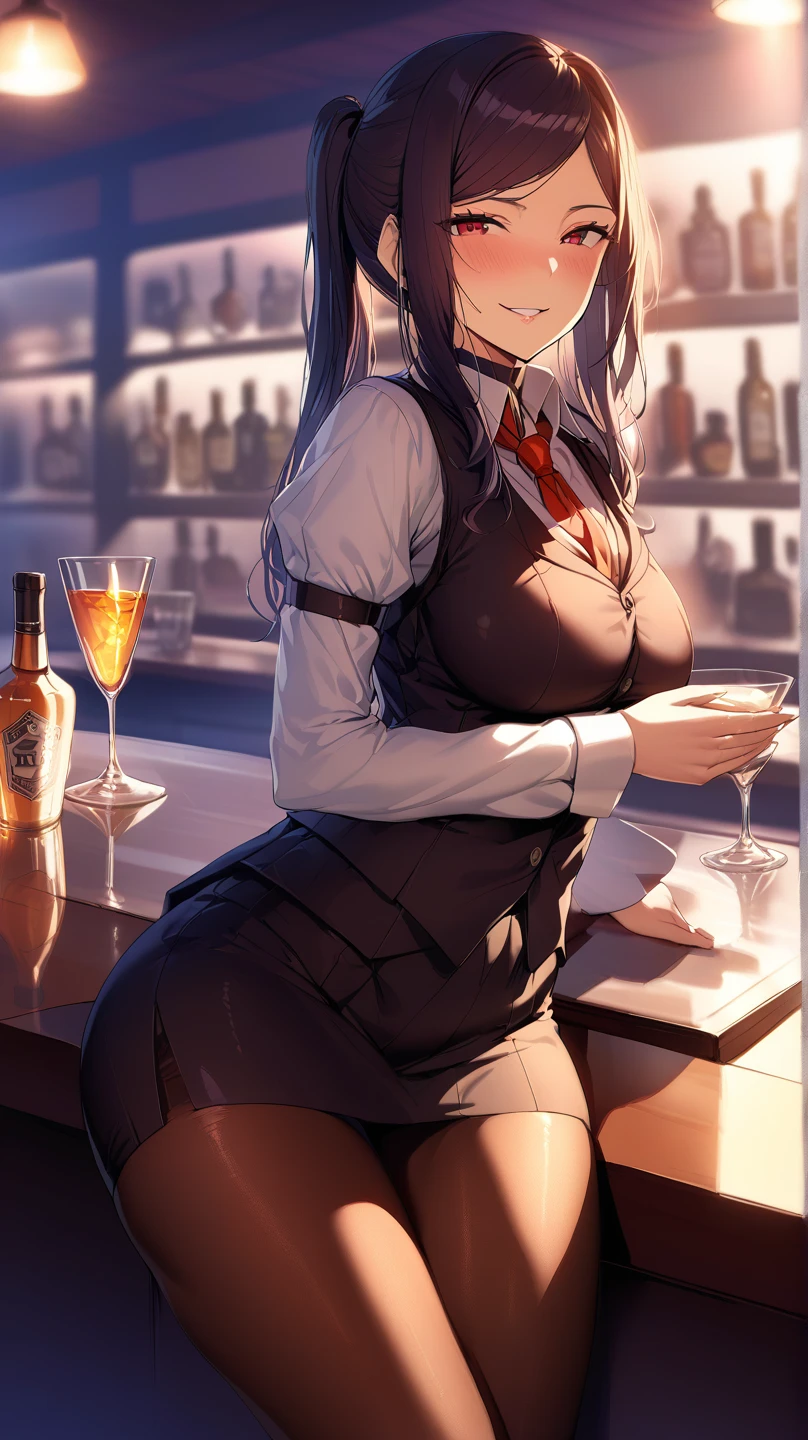 ((alone)), jill stingray, smirk, sensual woman, necktie, pantyhose, skirt, vest, white shirt,from front,High quality,Ultra-high resolution,High-definition illustrations,Masterpiece,extremely detailed,highres,detail mouth, big boobs, slim waist, slim hips, ((bar counter on the foreground )) ,(SuperQuality:1.0) ~ (SuperQuality:1.2), shiny reflections from glass. , night bar  realistic  surroundings,  light and shadow by reij-snrs 