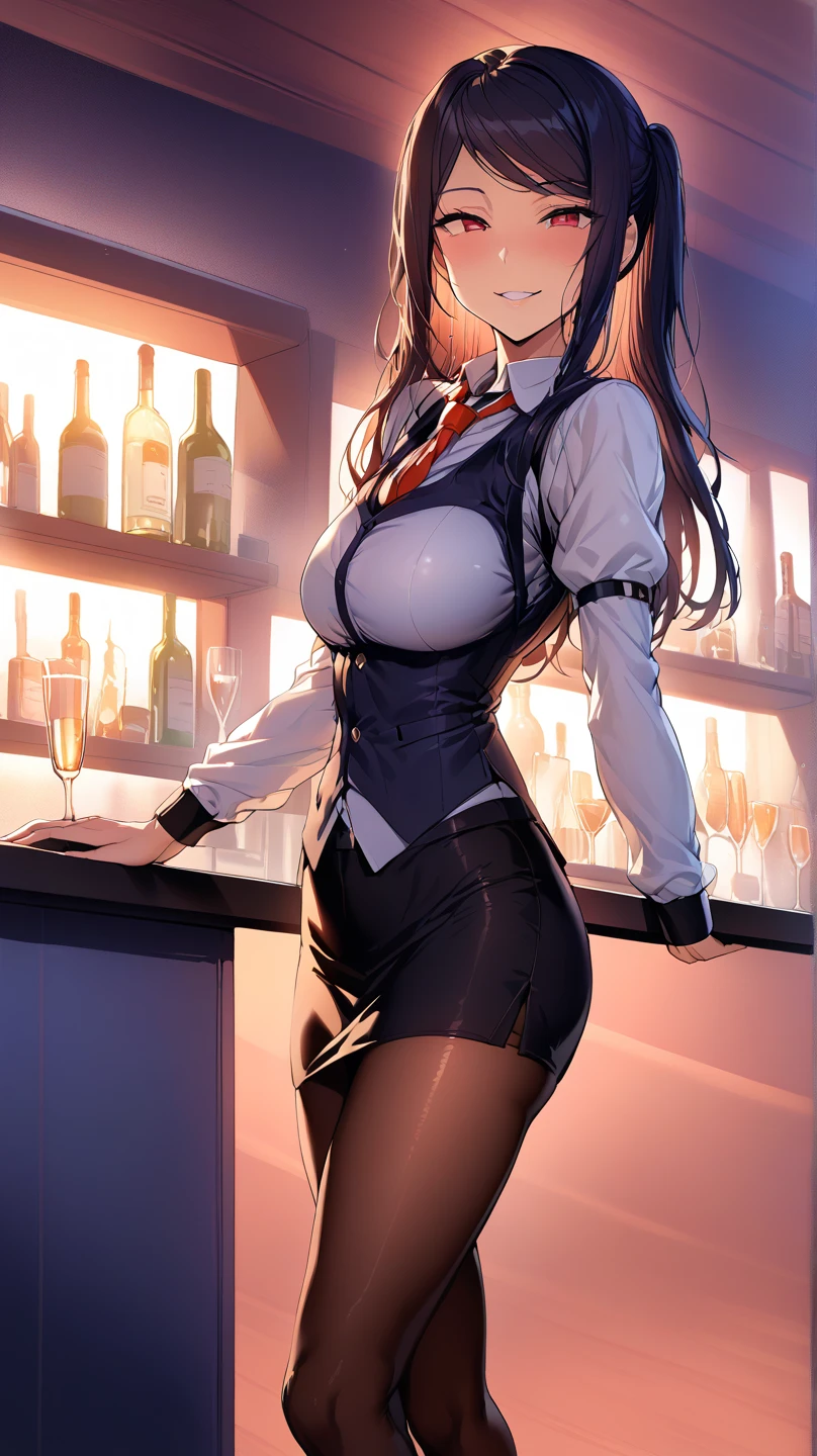 ((alone)), jill stingray, smirk, sensual woman, necktie, pantyhose, skirt, vest, white shirt,from front,High quality,Ultra-high resolution,High-definition illustrations,Masterpiece,extremely detailed,highres,detail mouth, big boobs, slim waist, slim hips, ((bar counter on the foreground )) ,(SuperQuality:1.0) ~ (SuperQuality:1.2), shiny reflections from glass. , night bar  realistic  surroundings,  light and shadow by reij-snrs 