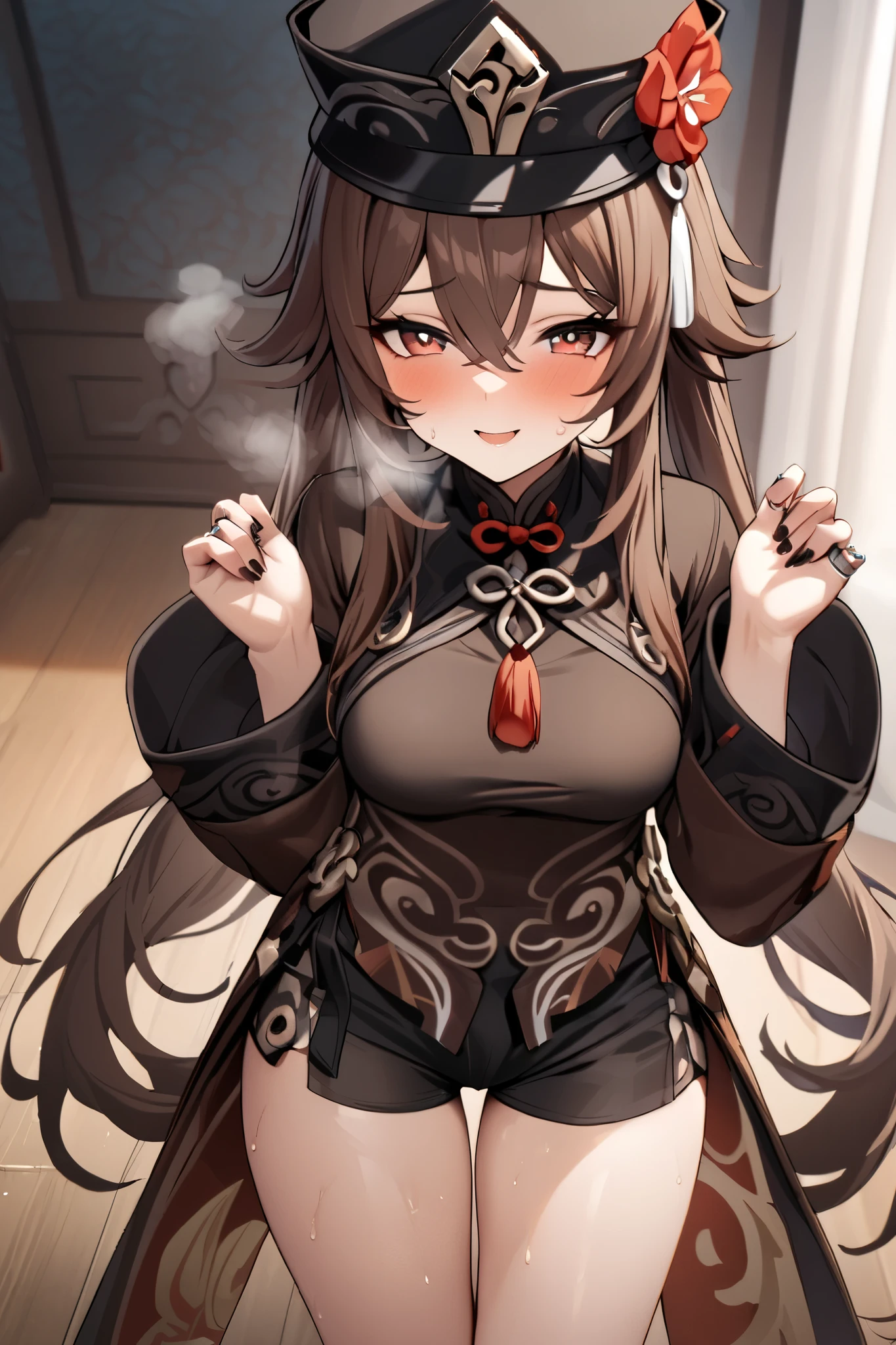 NSFW,masterpiece, top quality , high res, very detailed,Futao\(Genshin Impact\)、 long hair、bangs、Brown Hair、Red Eye、 hair between eyes、 twin tails、side lock、 symbol shaped pupil , Long Sleeve 、hat、gem、flower、 SHORTS、 wide sleeve、 comments、 Chinese clothes、黒の SHORTS、ring、Black Nails、hat飾り、hatのflower,smile,sweat,Heavy breathing,blush