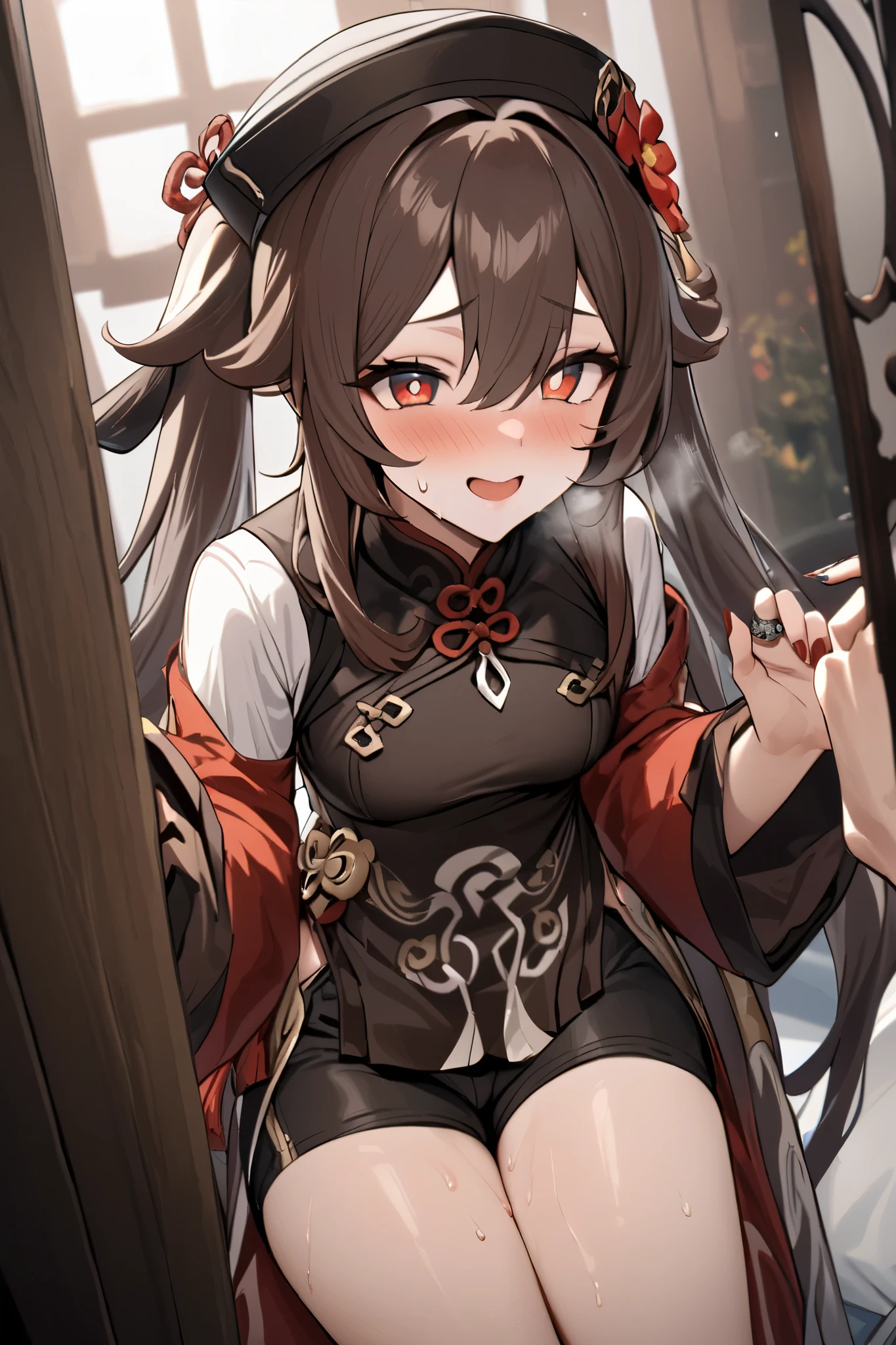 NSFW,masterpiece, top quality , high res, very detailed,Futao\(Genshin Impact\)、 long hair、bangs、Brown Hair、Red Eye、 hair between eyes、 twin tails、side lock、 symbol shaped pupil , Long Sleeve 、hat、gem、flower、 SHORTS、 wide sleeve、 comments、 Chinese clothes、黒の SHORTS、ring、Black Nails、hat飾り、hatのflower,smile,sweat,Heavy breathing,blush