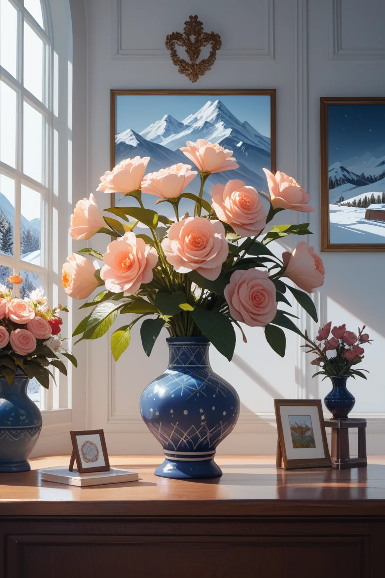 Beautiful々A perfect venetian vase with blooming flowers.Precision、A perfect Riedel vase with snowy 、Snow mountain background、Professional movie-like lighting 、 Masterpiece. 