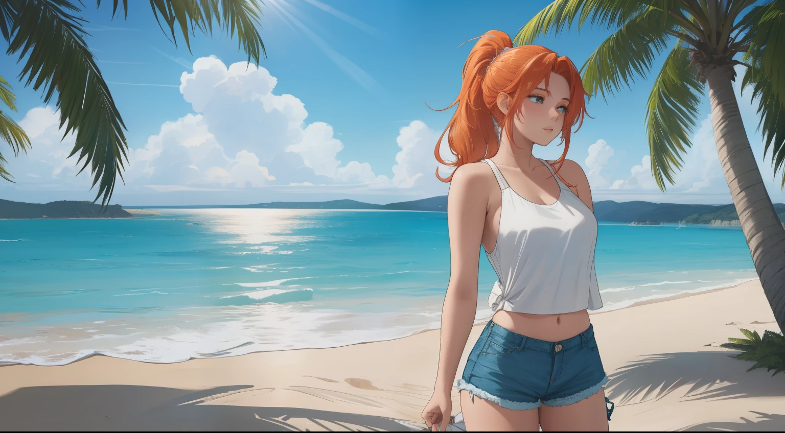 "A serene beach camping scene set against the backdrop of soft, white sand and a sparkling blue ocean. Gentle waves lap at the shore, their rhythmic motion harmonizing with the tranquil atmosphere. A woman with blonde-red hair tied in a sleek ponytail sits near a glowing modern campfire, its warmth contrasting with the cool ocean breeze. She wears a simple white tank top and denim shorts, embodying a relaxed and carefree vibe. Around her, minimalist camping gear is neatly arranged, and an open tent frames the stunning seaside view. In the background, tall palm trees sway gently, while the golden sunlight reflects off the water, casting a magical glow over the scene. This idyllic setting captures the perfect balance between adventure and the calming embrace of nature on a pristine beach."