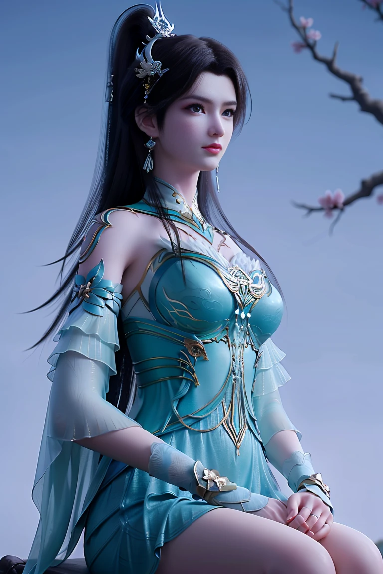 (masterpiece),(best quality:1.5),8k,Very perfect, Very smooth, absurdres,highres,
xuner,1 girl, solo, black hair, long hair, ponytail, hair decoration, green dress, gold decoration, (sleeve length: 1.1), see-through sleeves, detached collar, shiny clothes, shiny skin, earrings, jewelry , closed mouth ,(looking at the audience:1.1),slight smile,breasts,(pale skin:1.2),thin,narrow waist,arms up,hands on own hips,
(gloss:1.3),slender legs, high heels,wind lifter,dynamic pose,branches,(plum blossom:1.2),blue sky , (upper body:1.3), ferpect lighting, Looking at viwer:1.3, (sitting:1.5),