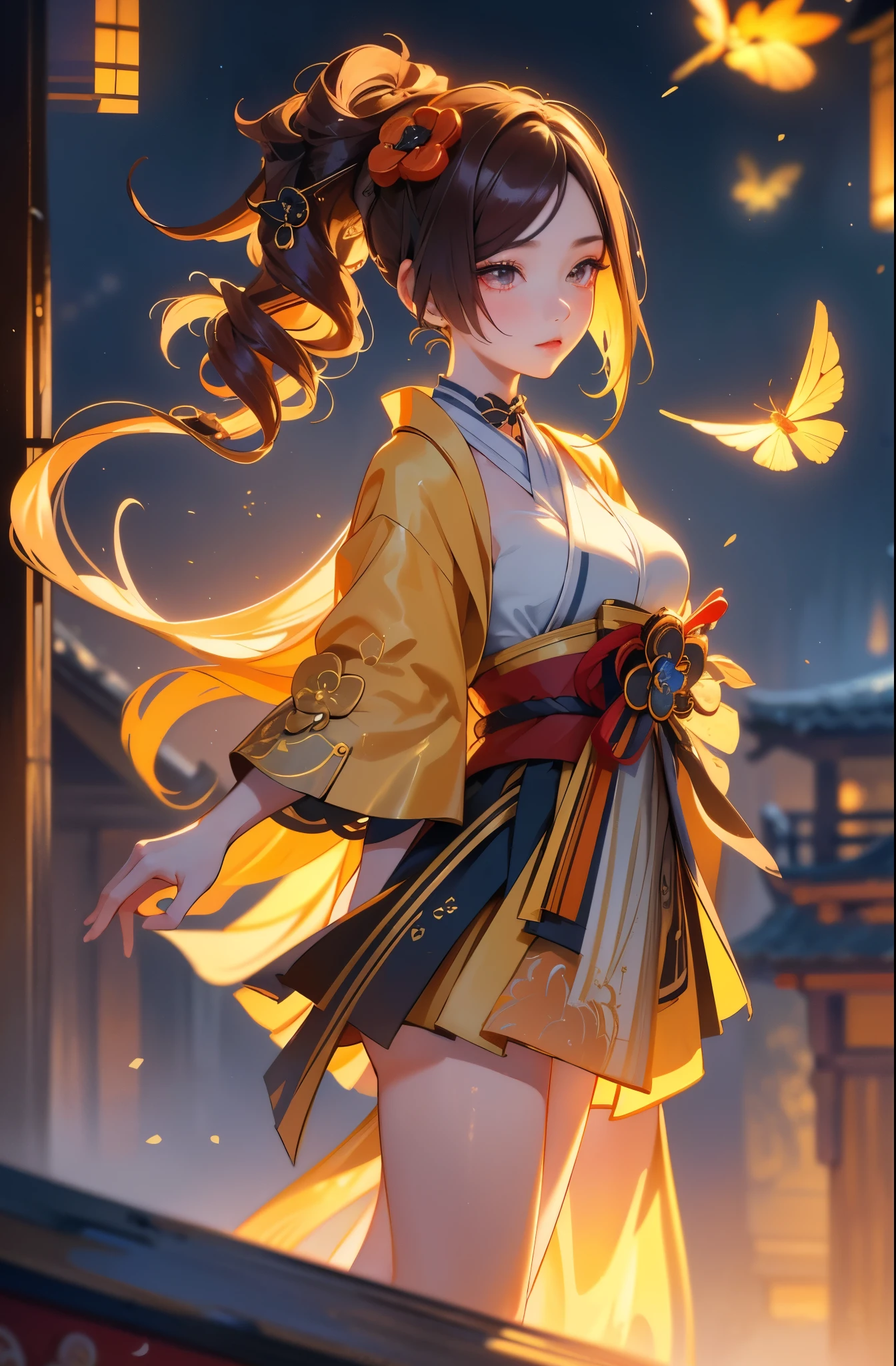 [chiori gi]:1.5,((masterpiece,highest quality,Highly detailed images,Beautiful images))1.4(chiori images、large breasts, japanese old houses、The wind is blowing、Overall dim lighting、Backlight、A fantastic atmosphere、Thick Fog、Dust flutters)1.3,(full body image)1.1、