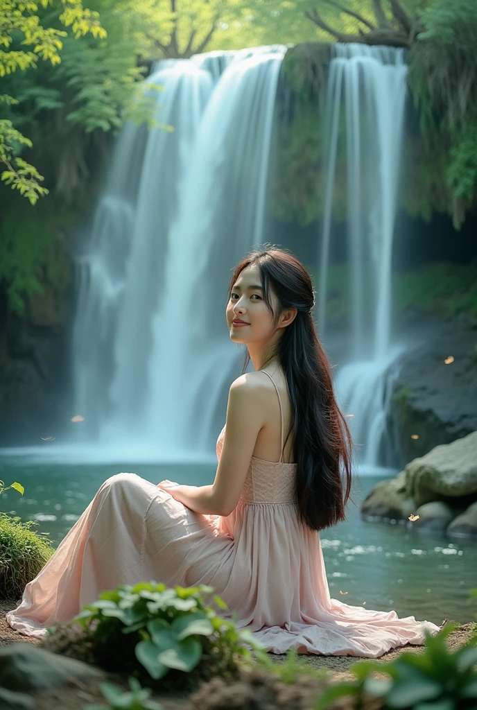 A serene scene unfolds: an Asian woman sits beneath a majestic waterfall, her angelic wings subtly glistening in the soft sunlight. Her long hair cascades down her back like a gentle stream, as a light purple pastel dress hugs her figure. Blue eyes sparkle with warmth, and a radiant smile illuminates her face. Amidst the lush forest, flying leaves and petals dance around her, suspended in mid-air like tiny ballerinas. The 8K DSLR photo style renders every detail photo realistically as if the viewer has stepped into this idyllic cinematic world.