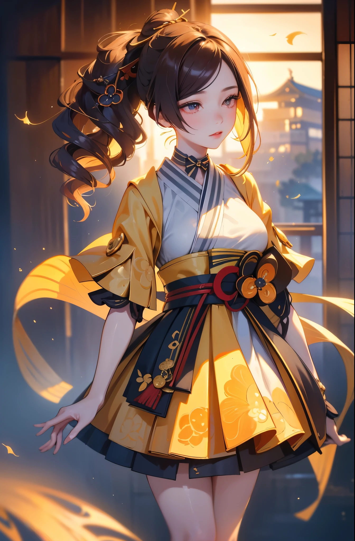 [chiori gi]:1.5,((masterpiece,highest quality,Highly detailed images,Beautiful images))1.4(chiori images、large breasts, japanese old houses、The wind is blowing、Overall dim lighting、Backlight、A fantastic atmosphere、Thick Fog、Dust flutters)1.3,(full body image)1.1、