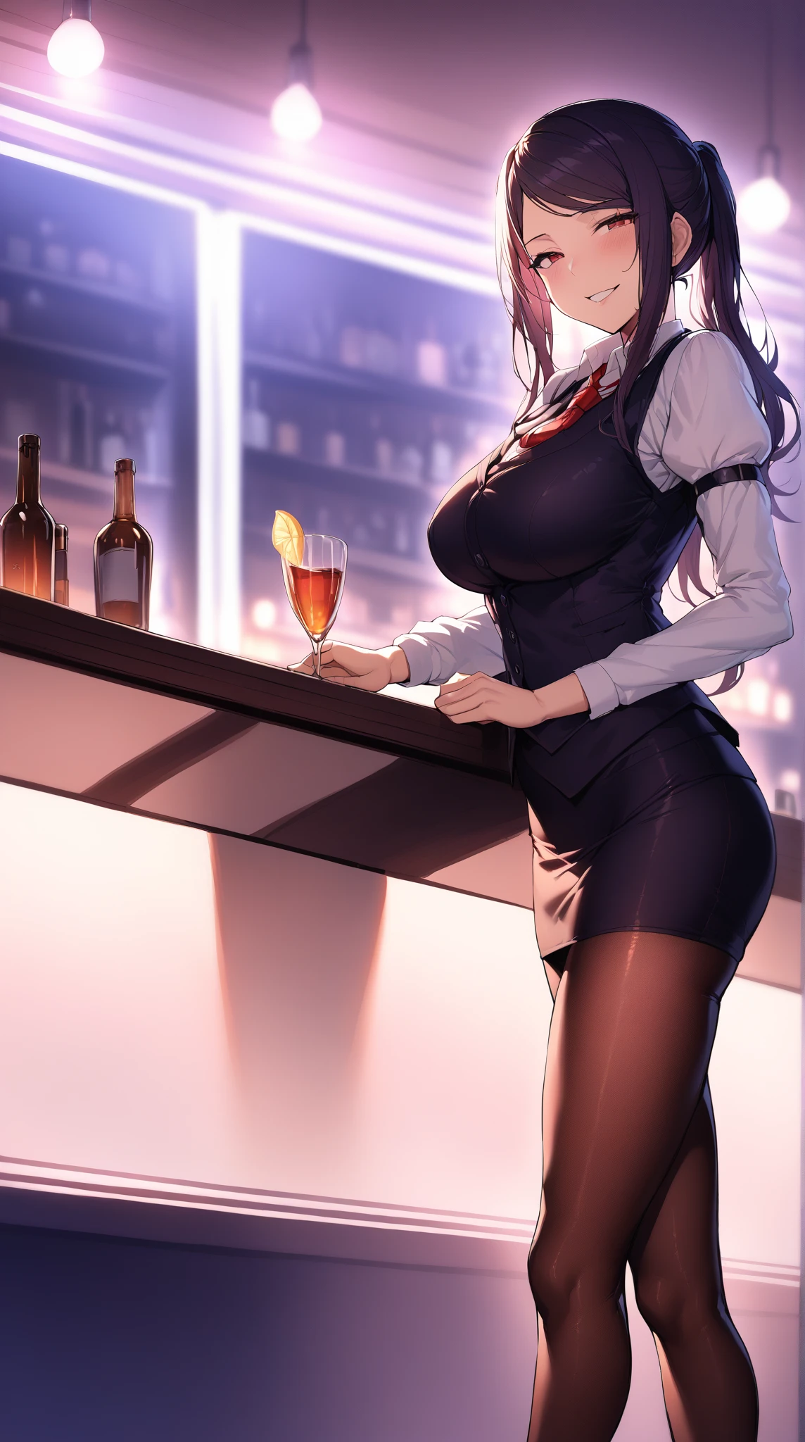 ((alone)), jill stingray, smirk, sensual woman, necktie, pantyhose, skirt, vest, white shirt,from front,High quality,Ultra-high resolution,High-definition illustrations,Masterpiece,extremely detailed,highres,detail mouth, big boobs, slim waist, slim hips, ((bar counter on the foreground )) ,(SuperQuality:1.0) ~ (SuperQuality:1.2), shiny reflections from glass. , night bar  realistic  surroundings,  light and shadow by reij-snrs 