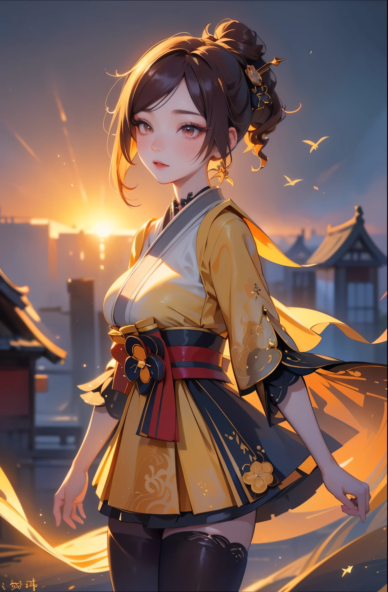 [chiori gi]:1.5,((masterpiece,highest quality,Highly detailed images,Beautiful images))1.4(chiori images、large breasts, japanese old houses、The wind is blowing、Overall dim lighting、Backlight、A fantastic atmosphere、Thick Fog、Dust flutters)1.3,(full body image)1.1、