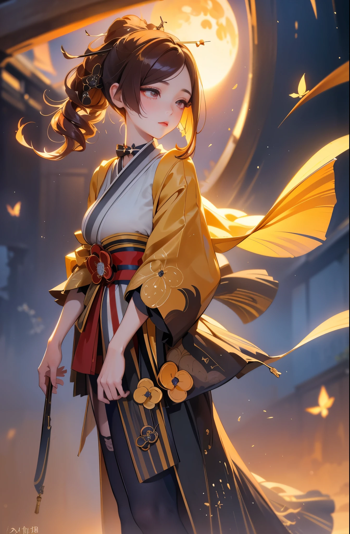 [chiori gi]:1.5,((masterpiece,highest quality,Highly detailed images,Beautiful images))1.4(chiori images、large breasts, japanese old houses、The wind is blowing、Overall dim lighting、Backlight、A fantastic atmosphere、Thick Fog、Dust flutters)1.3,(full body image)1.1、