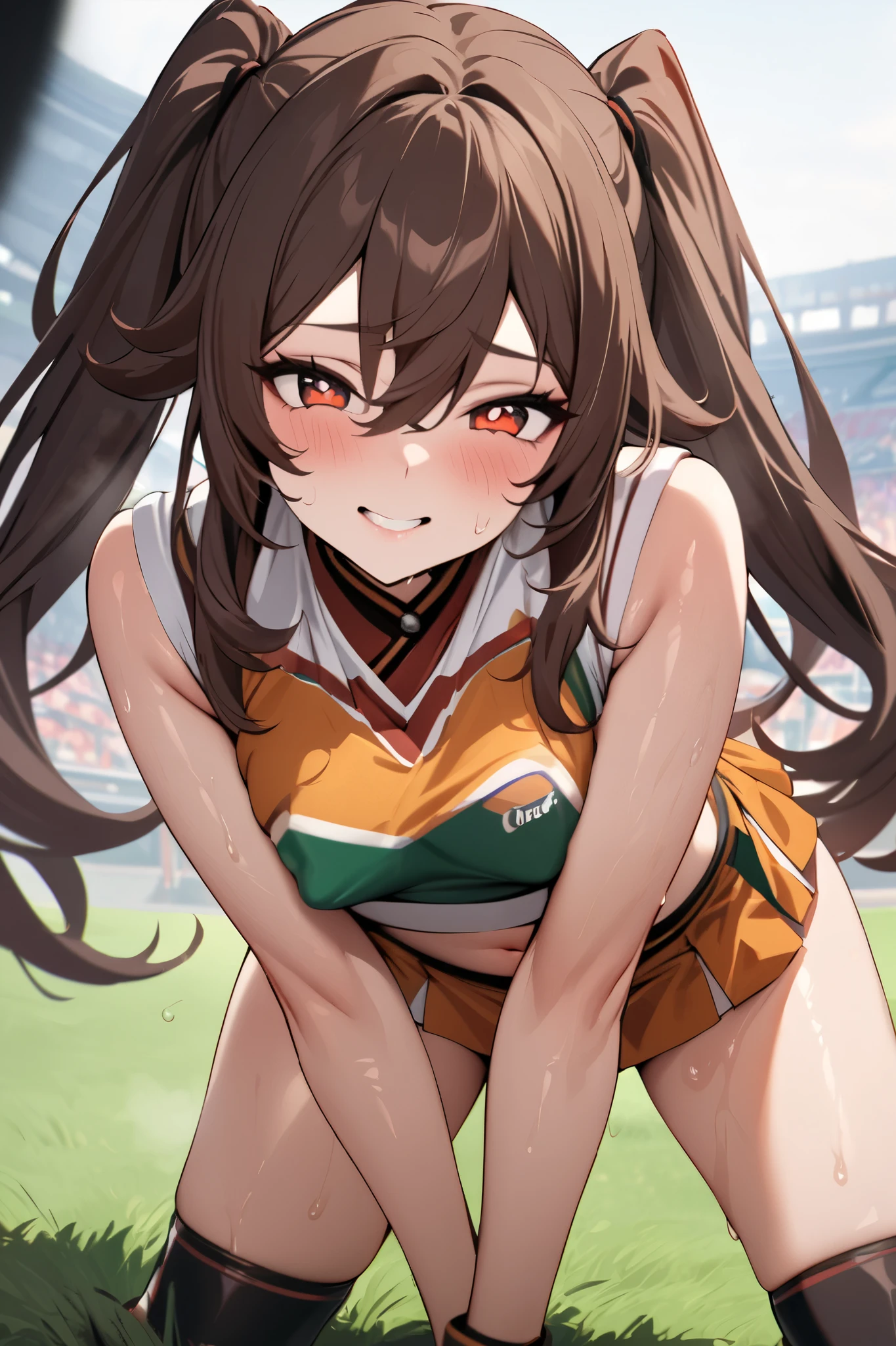 NSFW,masterpiece, top quality , high res, very detailed,Futao\(Genshin Impact\)、 long hair、bangs、Brown Hair、Red Eye、 hair between eyes、 twin tails、side lock、 symbol shaped pupil , cheerleader, crop top, miniskirt, spats,Ground, fresh smile ,sweat, cute pose