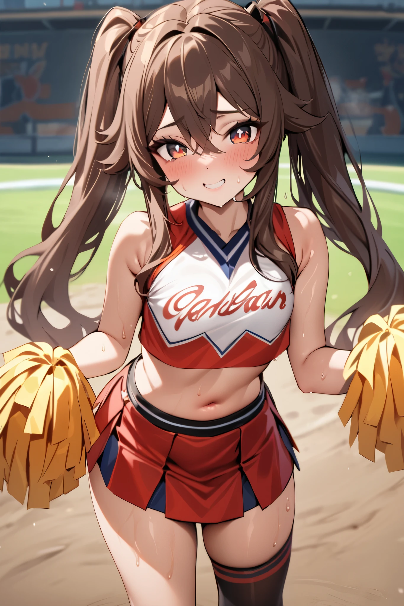 NSFW,masterpiece, top quality , high res, very detailed,Futao\(Genshin Impact\)、 long hair、bangs、Brown Hair、Red Eye、 hair between eyes、 twin tails、side lock、 symbol shaped pupil , cheerleader, crop top, miniskirt, spats,Ground, fresh smile ,sweat, cute pose