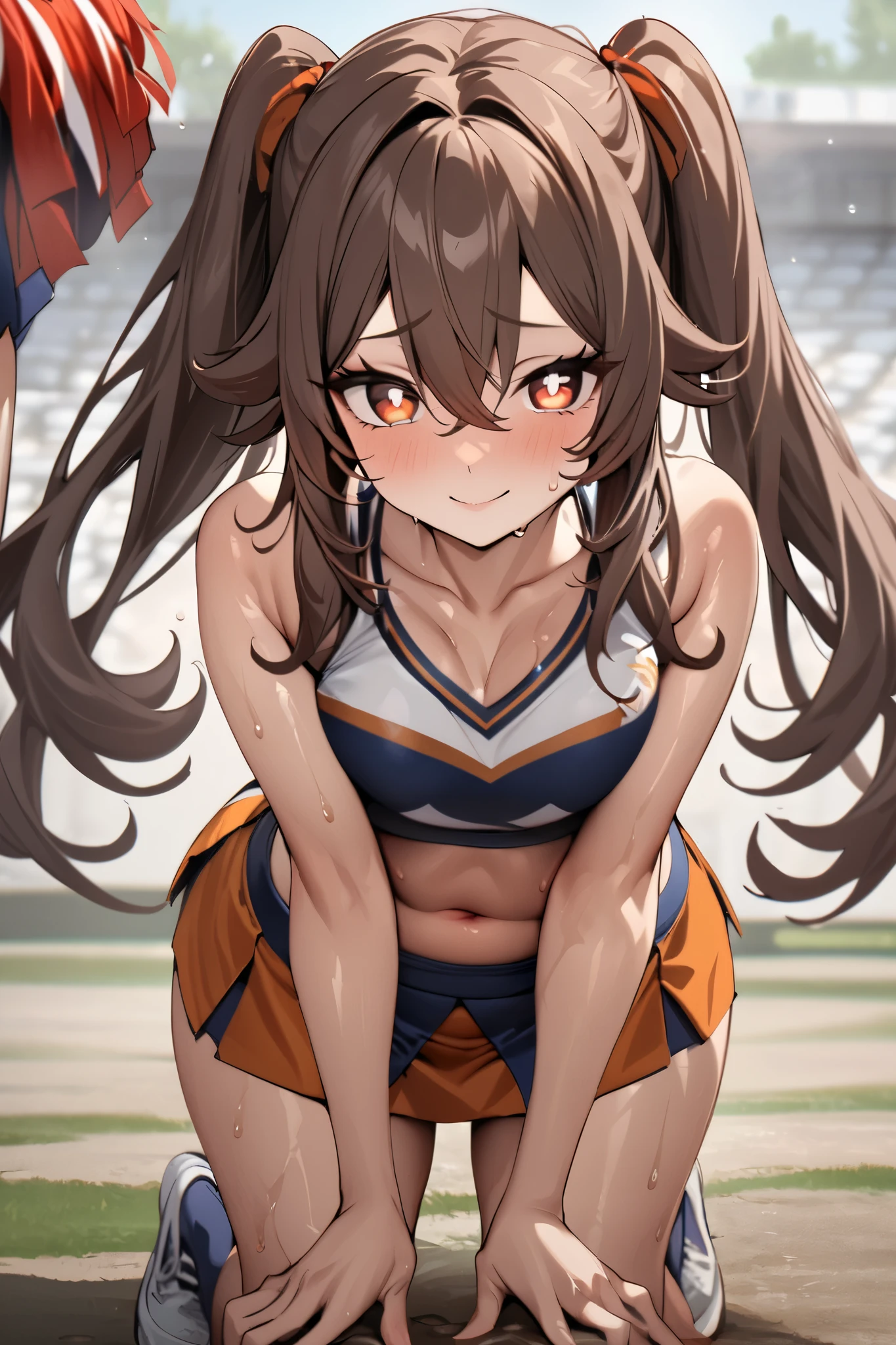 NSFW,masterpiece, top quality , high res, very detailed,Futao\(Genshin Impact\)、 long hair、bangs、Brown Hair、Red Eye、 hair between eyes、 twin tails、side lock、 symbol shaped pupil , cheerleader, crop top, miniskirt, spats,Ground, fresh smile ,sweat, cute pose