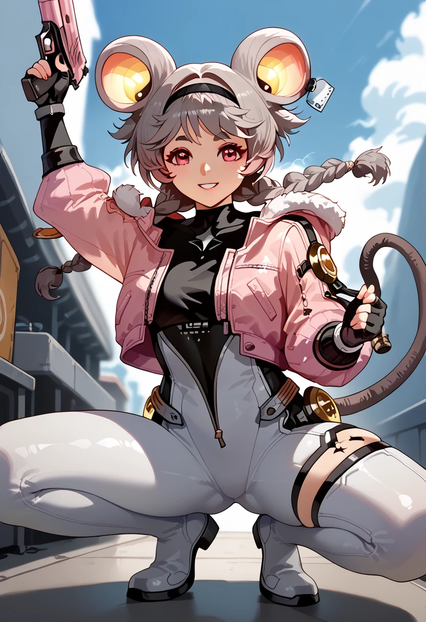 lumiwuwa, 1girl, solo, jacket, braid, gloves, twin braids, animal ears, fingerless gloves, bodysuit, tail, mouse tail, smile, mouse ears, pink jacket, grey hair smile, crouching sideways, holding gun, looking at the side