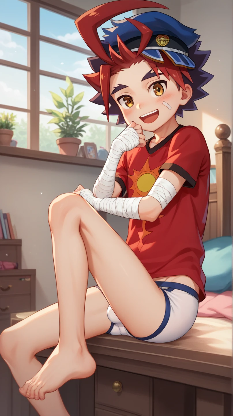   Masterpiece , High Quality , , cute , , , young, , Age Regression, Shota,cute boy , Stationary ,cute body , perfect opaque , Perfect texture , Perfect sewing, , boys,gao mikado, peaked cap, , red t-shirt, bandaged arm,,blushed, , smiling and looking flirtatiously, He has transparent , big white briefs, you have your legs open, Then the lump and the ass are separated. He has a big bulge in his big white briefs, solo,Slim body, bedroom,sexy pose,sitting,shy,Open Mouth, undress,undress t-shirt