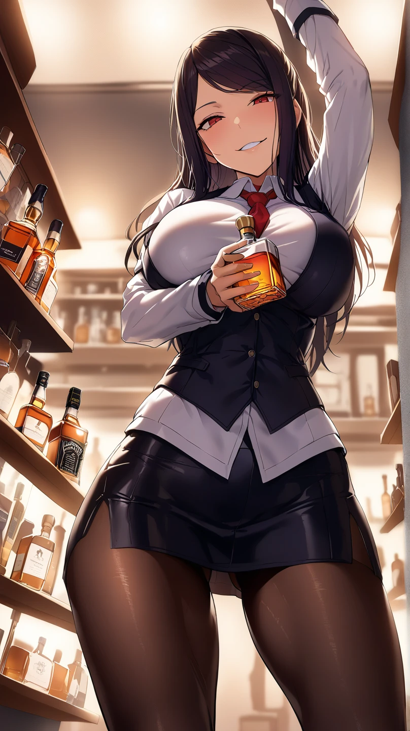 ((alone)), jill stingray, smirk, sensual woman, necktie, pantyhose, skirt, vest, white shirt,from front,High quality,Ultra-high resolution,High-definition illustrations,Masterpiece,extremely detailed,highres,detail mouth, big boobs, slim waist, slim hips, ((trying to reach whiskey from the high shelf)), pov from below, sexy pants, extremely tight outfit,(SuperQuality:1.0) ~ (SuperQuality:1.2), shiny reflections from glass. , night bar  realistic  surroundings,  light and shadow by reij-snrs 