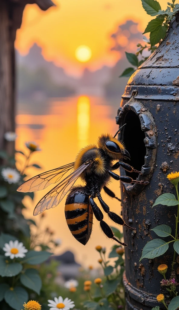 Skinny style :
An African bee entering the hive.
morning dew .
 Sunset in the background ,  Cintilante, obfuscating, radiant.
32K, HDR, UHD. 