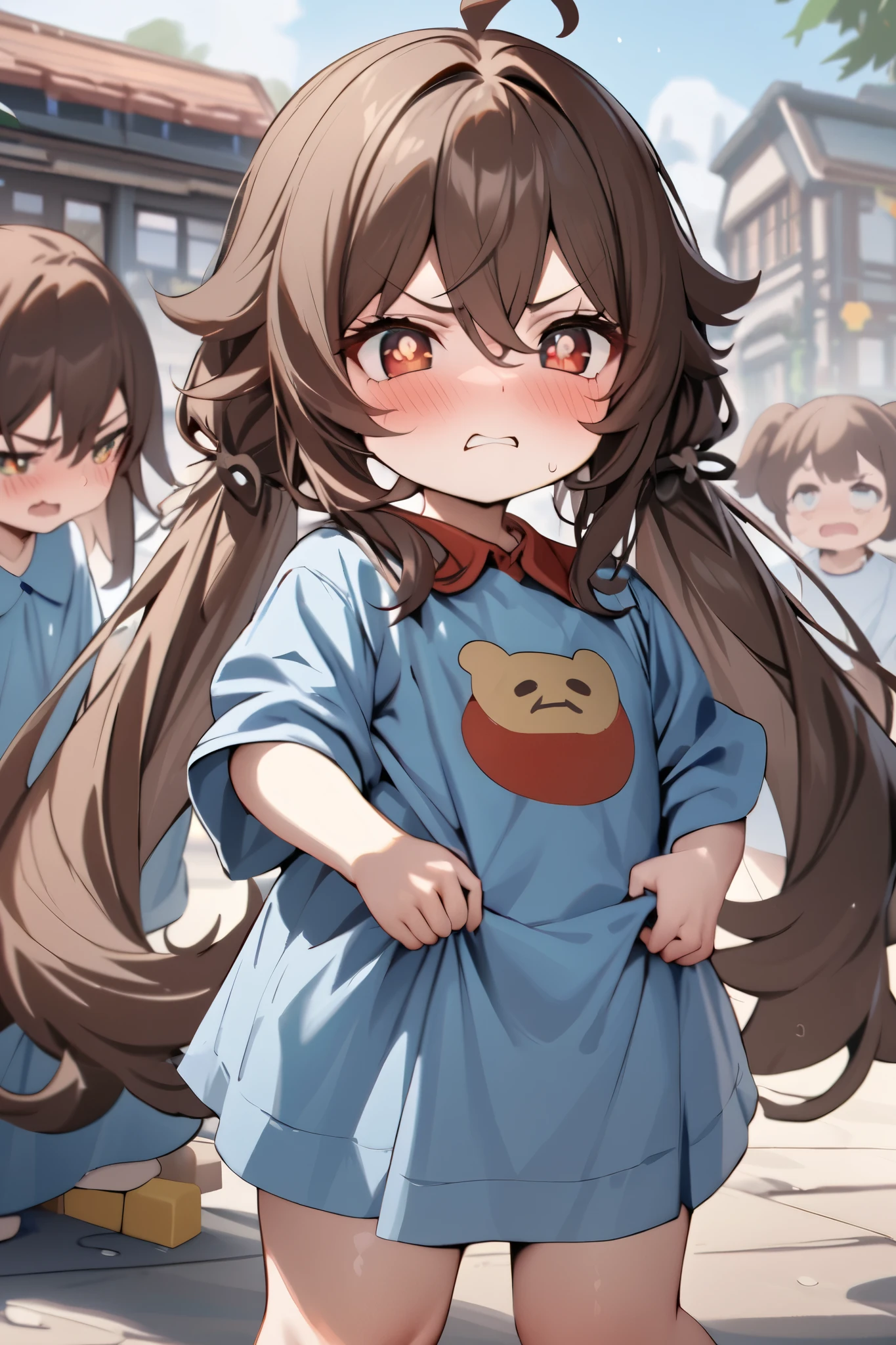 NSFW,masterpiece, top quality , high res, very detailed,Futao\(Genshin Impact\)、 long hair、bangs、Brown Hair、Red Eye、 hair between eyes、 twin tails、side lock、 symbol shaped pupil ,Kindergarten clothes,Smock,Angry face,blush, Kindergarten,Building blocks