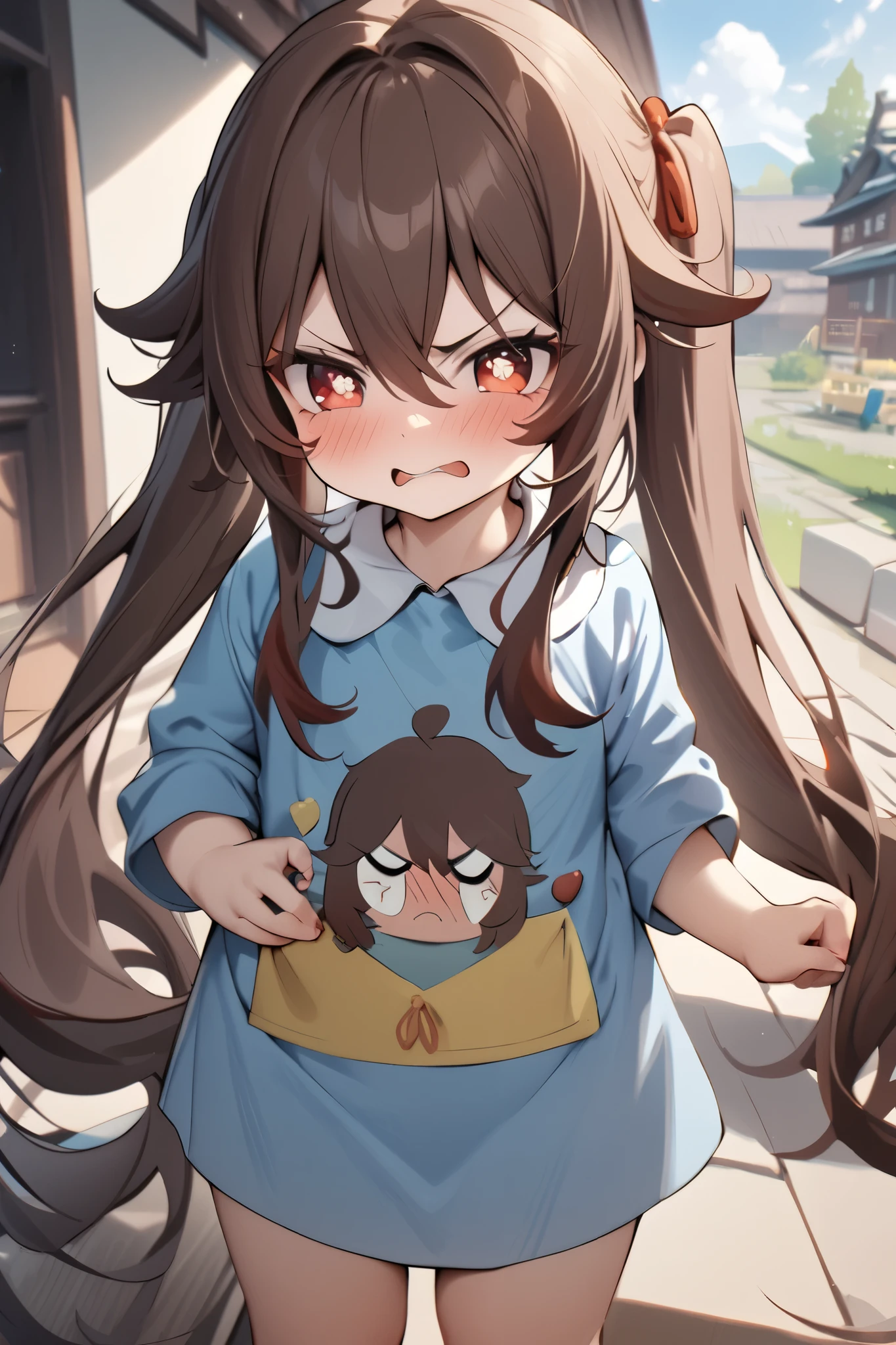 NSFW,masterpiece, top quality , high res, very detailed,Futao\(Genshin Impact\)、 long hair、bangs、Brown Hair、Red Eye、 hair between eyes、 twin tails、side lock、 symbol shaped pupil ,Kindergarten clothes,Smock,Angry face,blush, Kindergarten,Building blocks