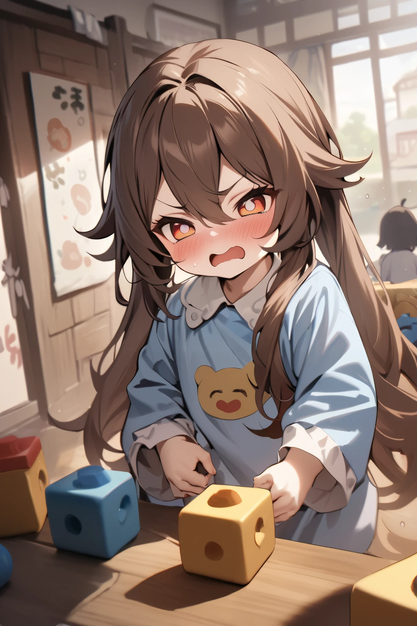 NSFW,masterpiece, top quality , high res, very detailed,Futao\(Genshin Impact\)、 long hair、bangs、Brown Hair、Red Eye、 hair between eyes、 twin tails、side lock、 symbol shaped pupil ,Kindergarten clothes,Smock,Angry face,blush, Kindergarten,Building blocks