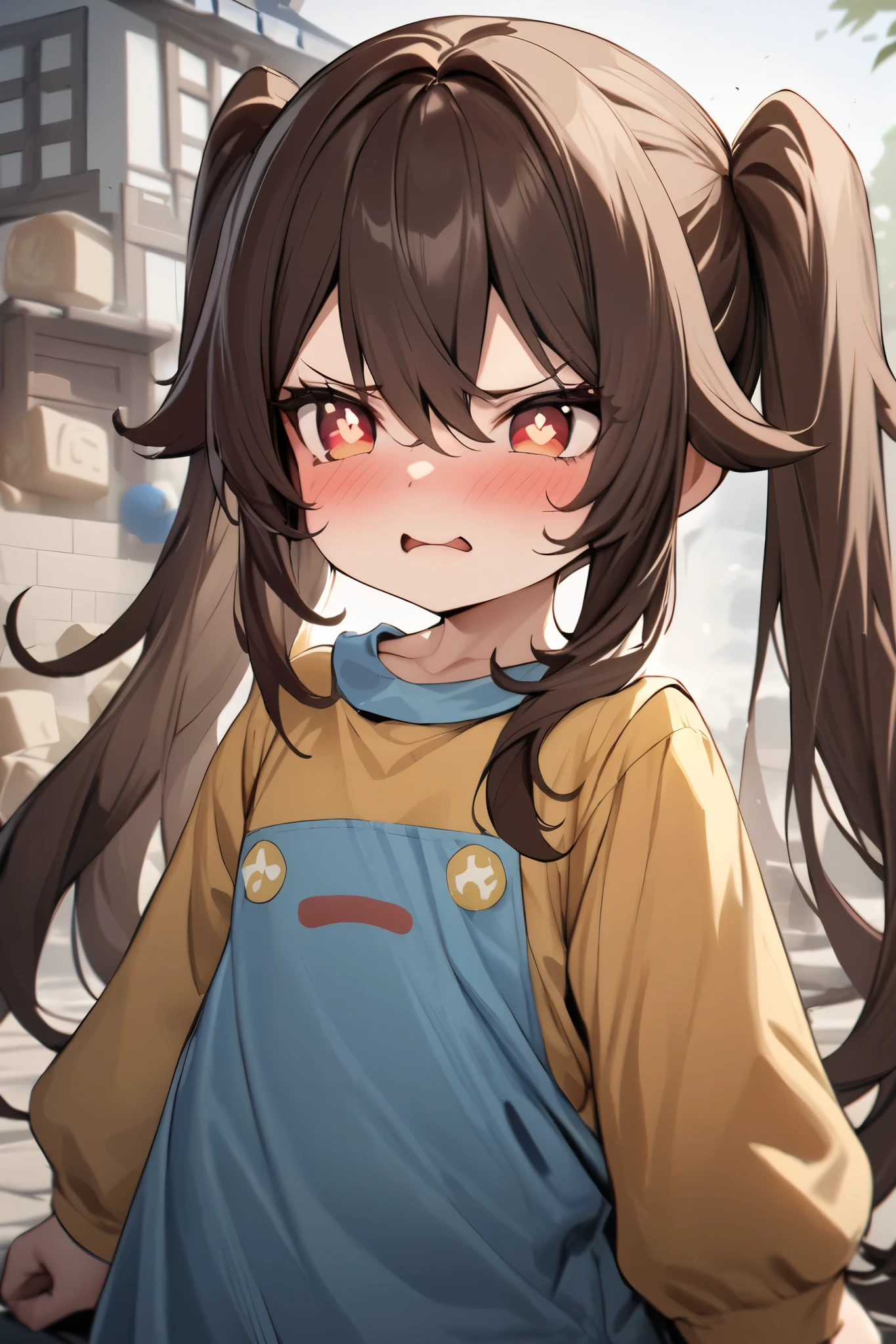 NSFW,masterpiece, top quality , high res, very detailed,Futao\(Genshin Impact\)、 long hair、bangs、Brown Hair、Red Eye、 hair between eyes、 twin tails、side lock、 symbol shaped pupil ,Kindergarten clothes,Smock,Angry face,blush, Kindergarten,Building blocks