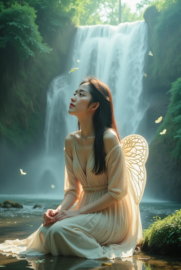 A serene scene unfolds: an Asian woman sits beneath a majestic waterfall, her angelic wings subtly glistening in the soft sunlight. Her long hair cascades down her back like a gentle stream, as a light purple pastel dress hugs her figure. Blue eyes sparkle with warmth, and a radiant smile illuminates her face. Amidst the lush forest, flying leaves and petals dance around her, suspended in mid-air like tiny ballerinas. The 8K DSLR photo style renders every detail photo realistically as if the viewer has stepped into this idyllic cinematic world.