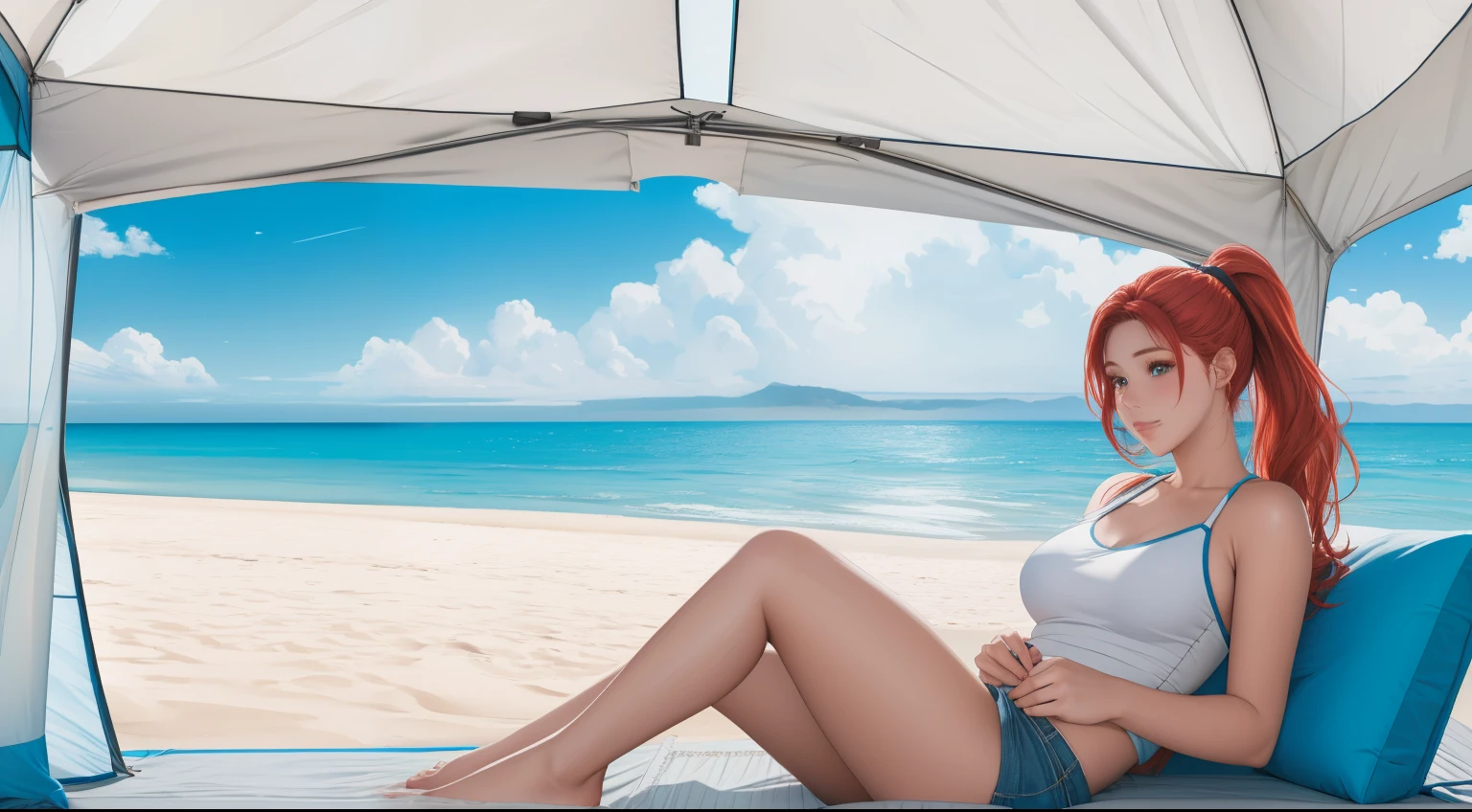 "Inside a cozy open tent on a pristine beach, a young woman sits cross-legged, gazing out at the vivid blue ocean stretching into the horizon. Her blonde-red hair is tied back in a sleek ponytail, and she’s dressed in a simple white tank top and denim shorts, embodying a relaxed and carefree beachside vibe. The soft white sand extends beyond the tent, meeting gentle waves that lap at the shore in a soothing rhythm. Around her, minimalist camping gear is neatly arranged, while the warm sunlight streams through the open tent flap, illuminating the tranquil scene. The atmosphere is serene and refreshing, with the calming sounds of the ocean and the salty breeze creating a perfect moment of solitude and connection with nature."
